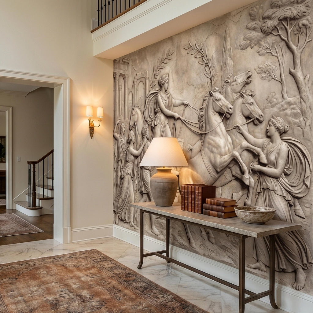 Greek Chariot Relief Peel and Stick Wall Mural, Neoclassical Roman Horses Bas Relief Sculpture, Antique Stone Plaster Texture Wallpaper