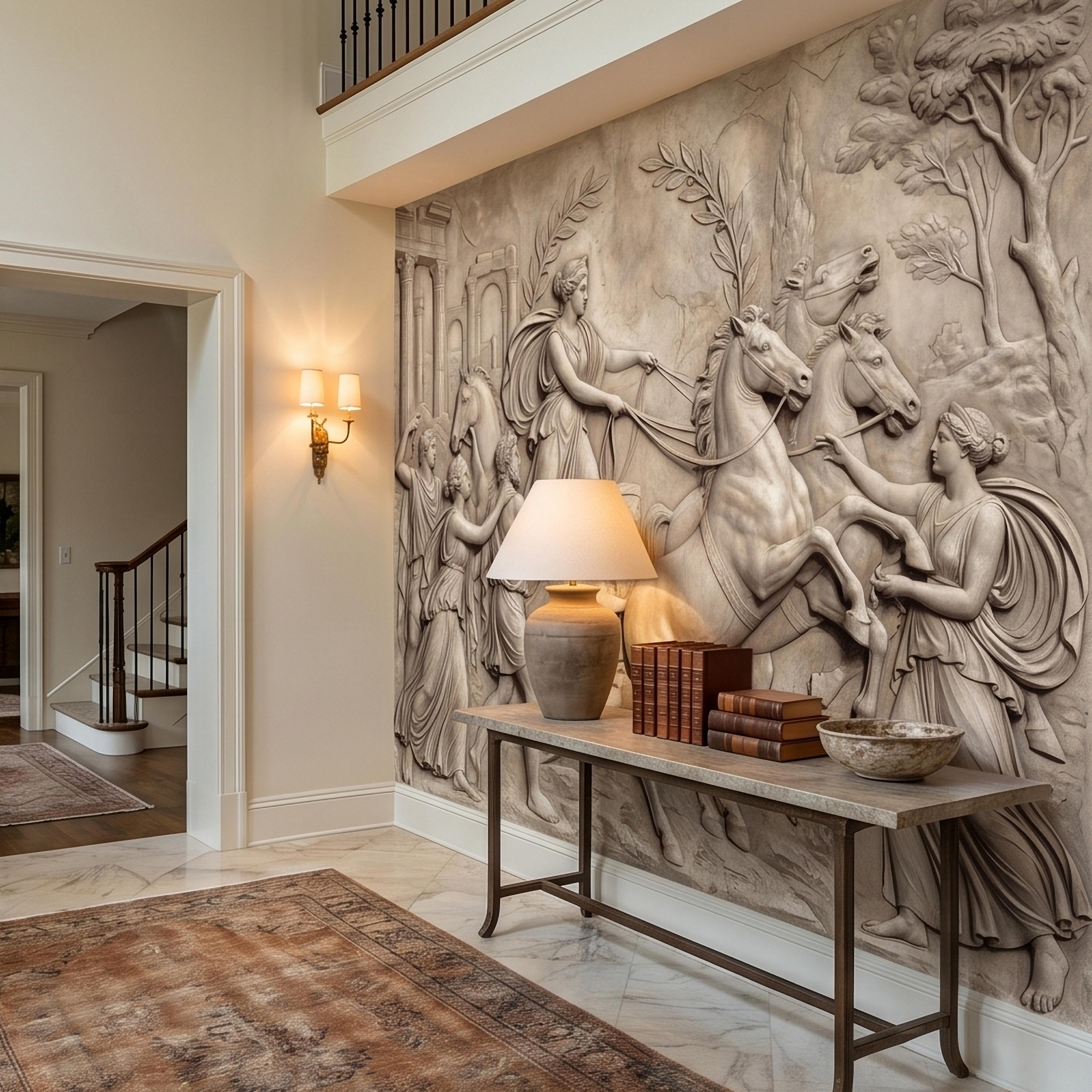 Greek Chariot Relief Peel and Stick Wall Mural, Neoclassical Roman Horses Bas Relief Sculpture, Antique Stone Plaster Texture Wallpaper
