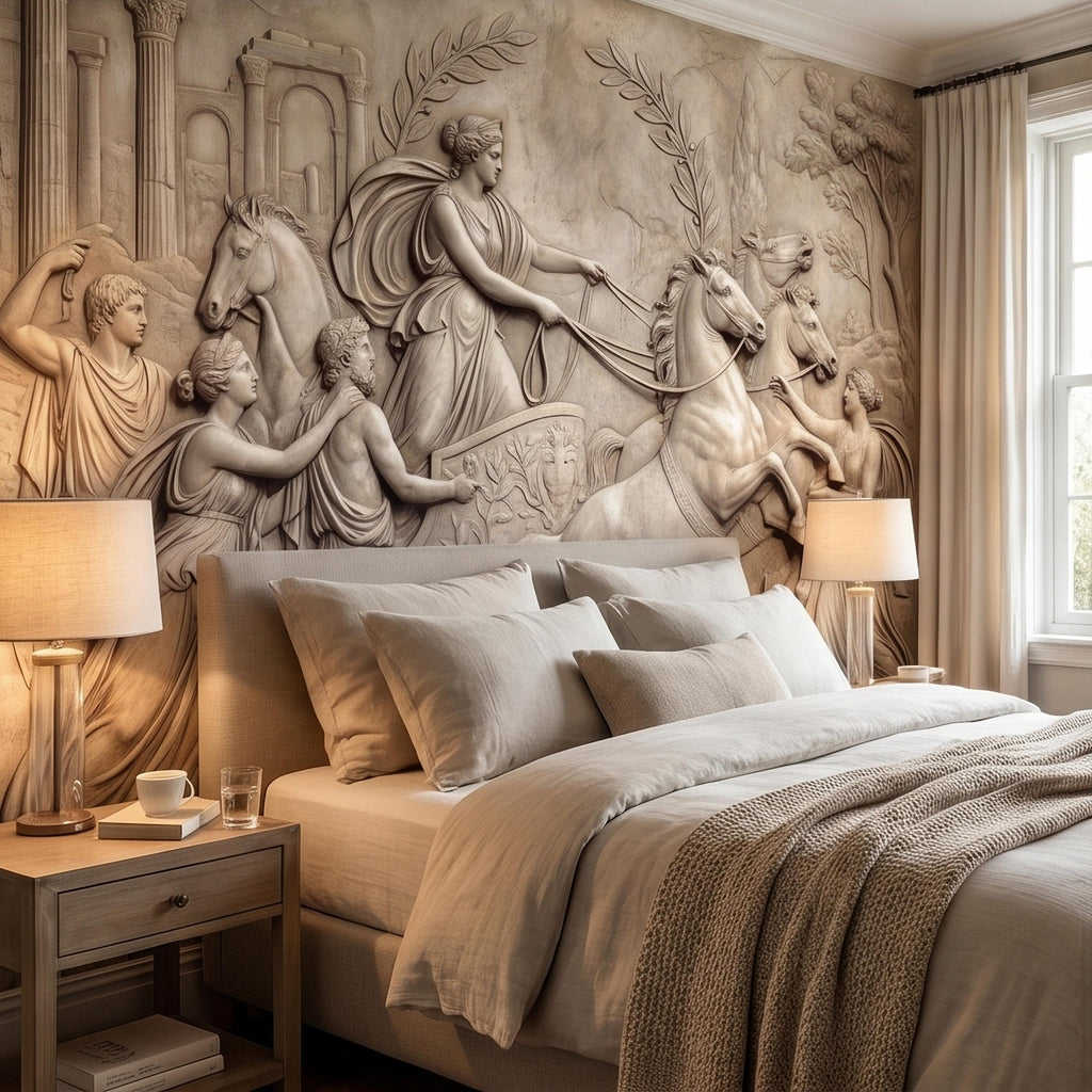 Greek Chariot Relief Peel and Stick Wall Mural, Neoclassical Roman Horses Bas Relief Sculpture, Antique Stone Plaster Texture Wallpaper