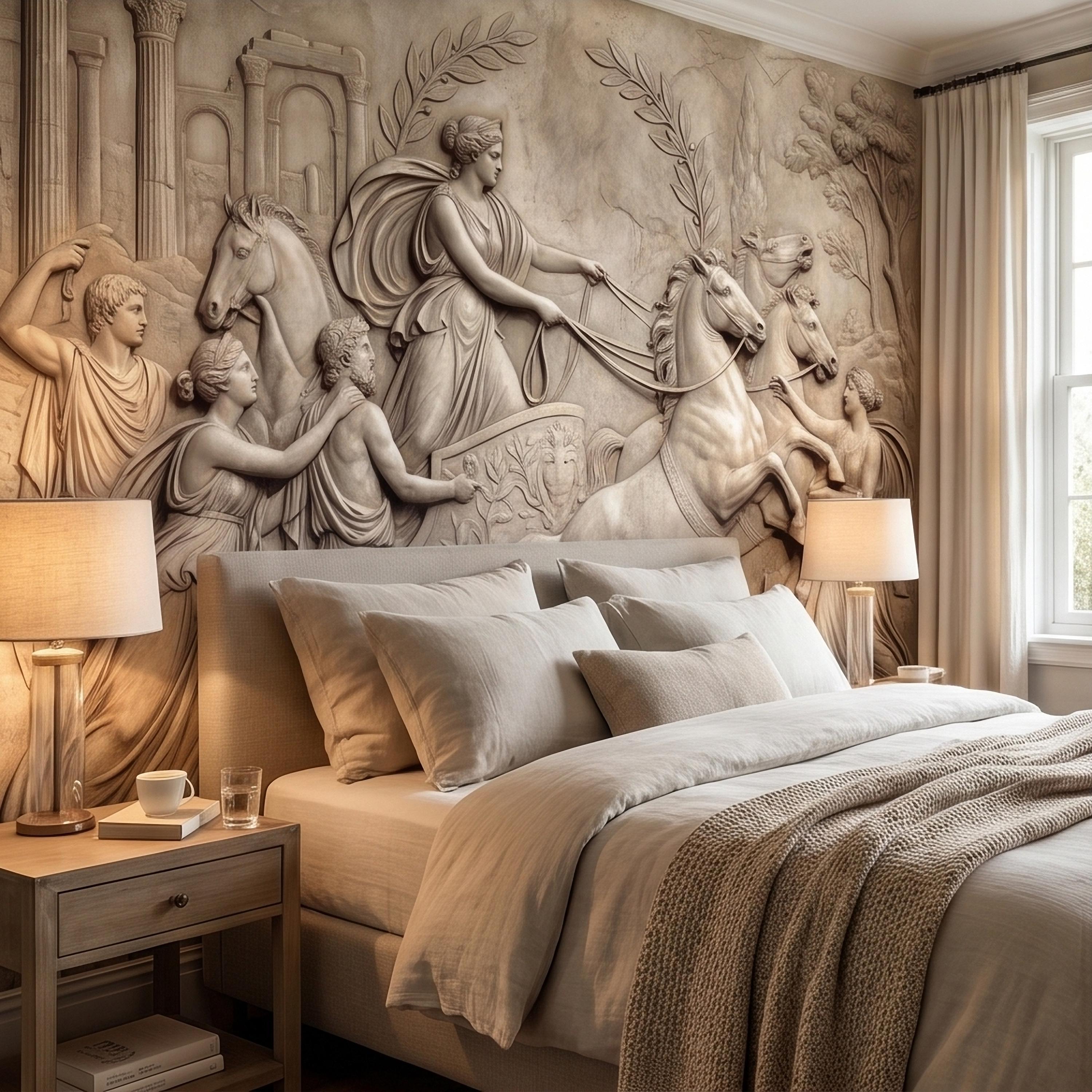 Greek Chariot Relief Peel and Stick Wall Mural, Neoclassical Roman Horses Bas Relief Sculpture, Antique Stone Plaster Texture Wallpaper