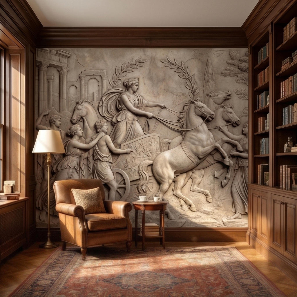 Greek Chariot Relief Peel and Stick Wall Mural, Neoclassical Roman Horses Bas Relief Sculpture, Antique Stone Plaster Texture Wallpaper