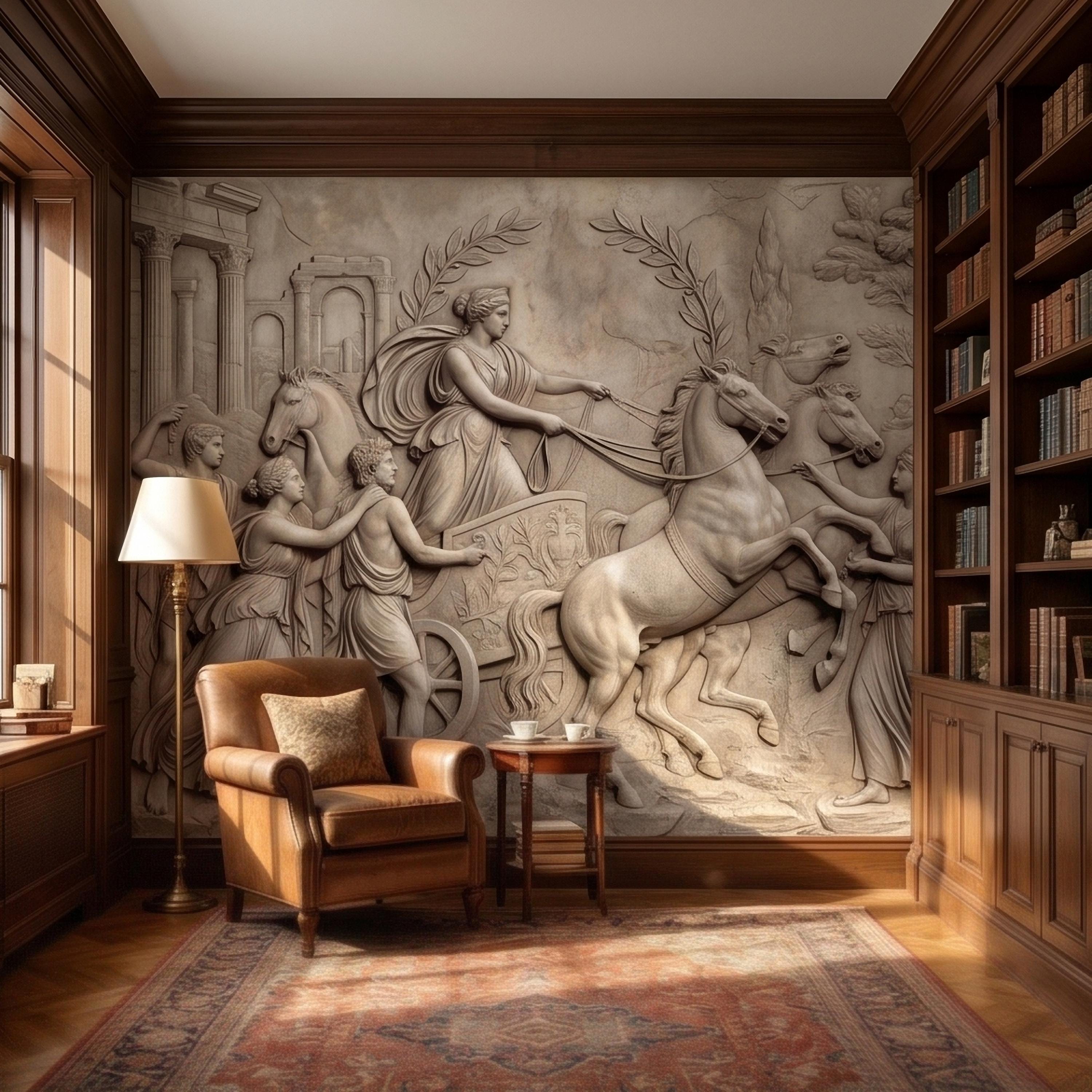 Greek Chariot Relief Peel and Stick Wall Mural, Neoclassical Roman Horses Bas Relief Sculpture, Antique Stone Plaster Texture Wallpaper