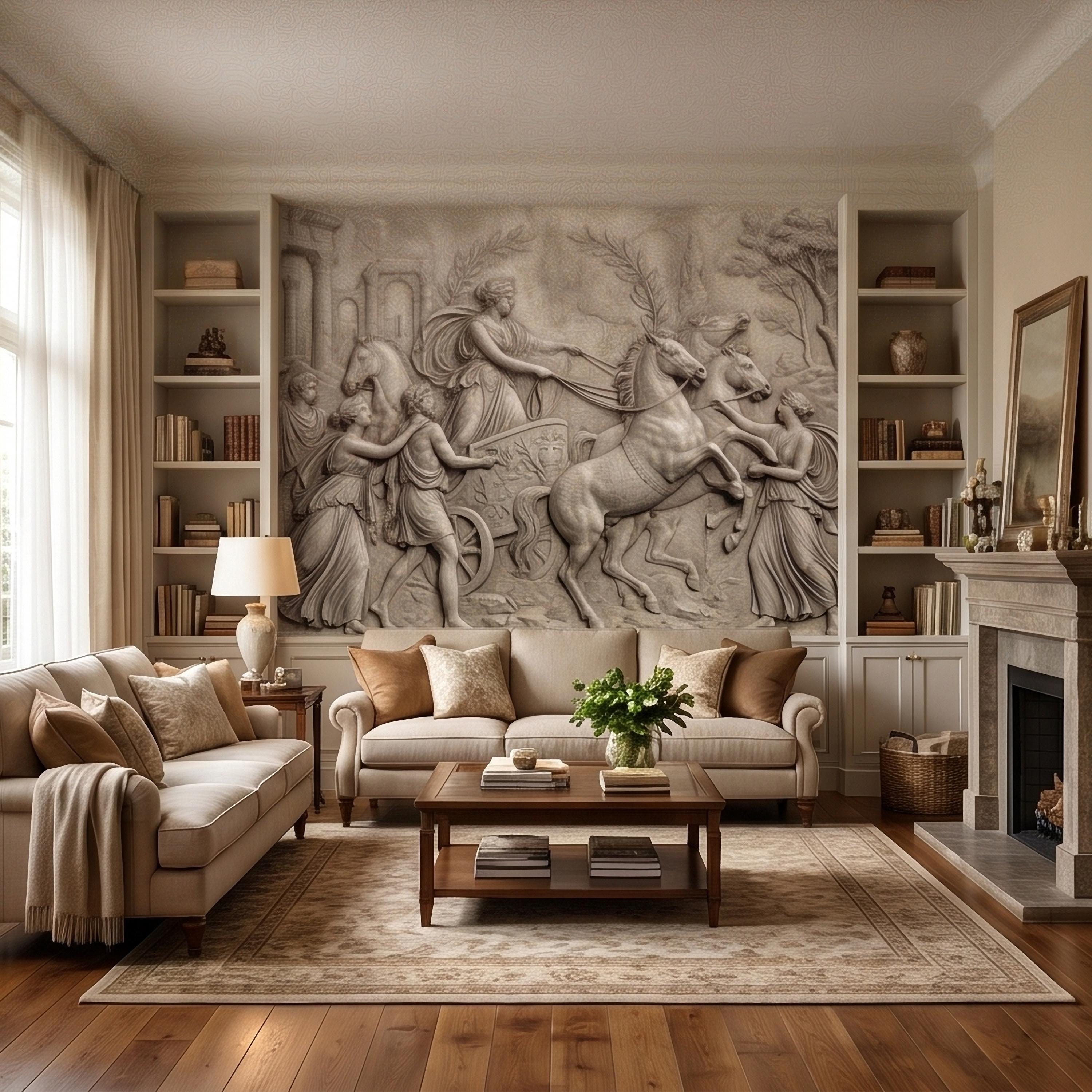 Greek Chariot Relief Peel and Stick Wall Mural, Neoclassical Roman Horses Bas Relief Sculpture, Antique Stone Plaster Texture Wallpaper