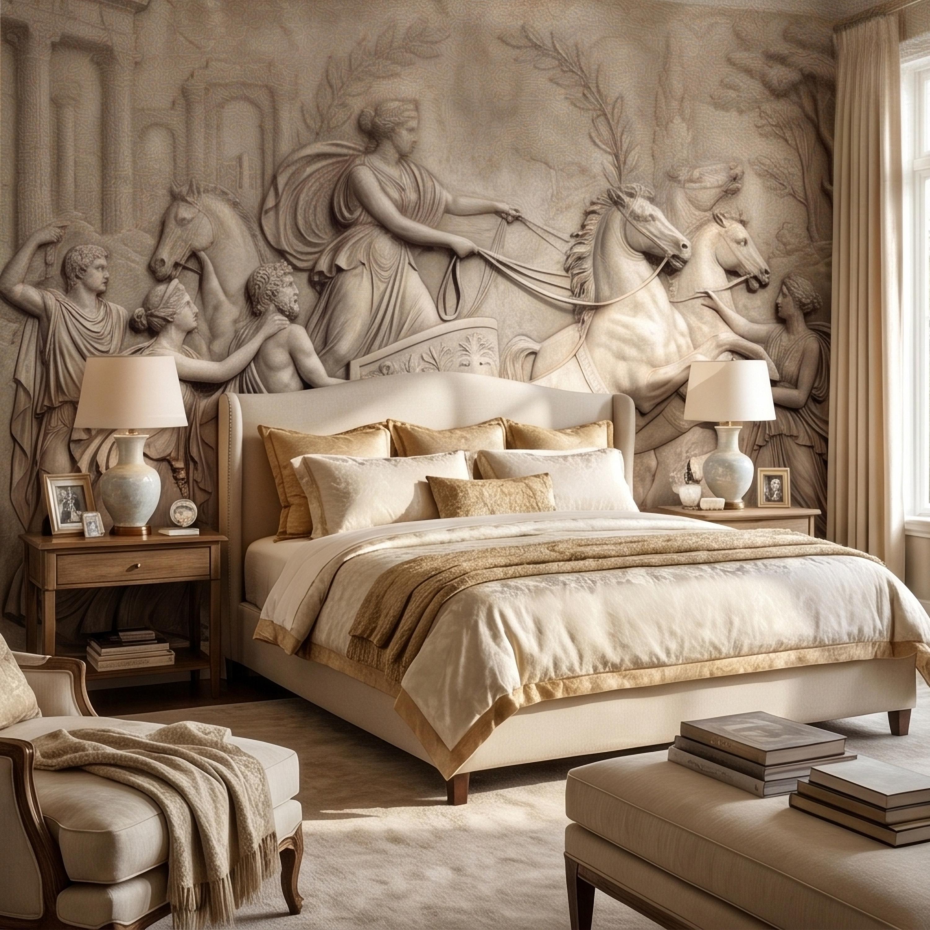 Greek Chariot Relief Peel and Stick Wall Mural, Neoclassical Roman Horses Bas Relief Sculpture, Antique Stone Plaster Texture Wallpaper