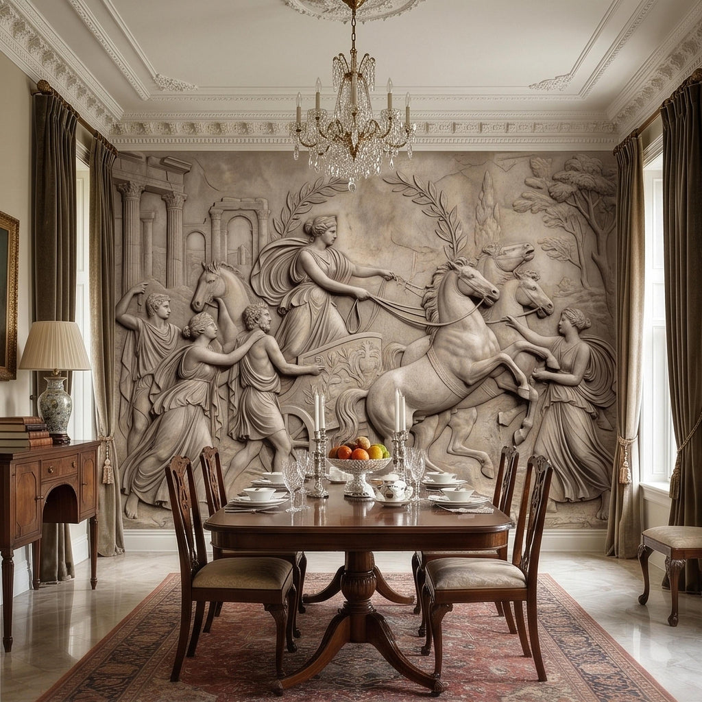 Greek Chariot Relief Peel and Stick Wall Mural, Neoclassical Roman Horses Bas Relief Sculpture, Antique Stone Plaster Texture Wallpaper