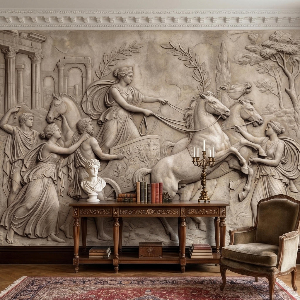Greek Chariot Relief Peel and Stick Wall Mural, Neoclassical Roman Horses Bas Relief Sculpture, Antique Stone Plaster Texture Wallpaper