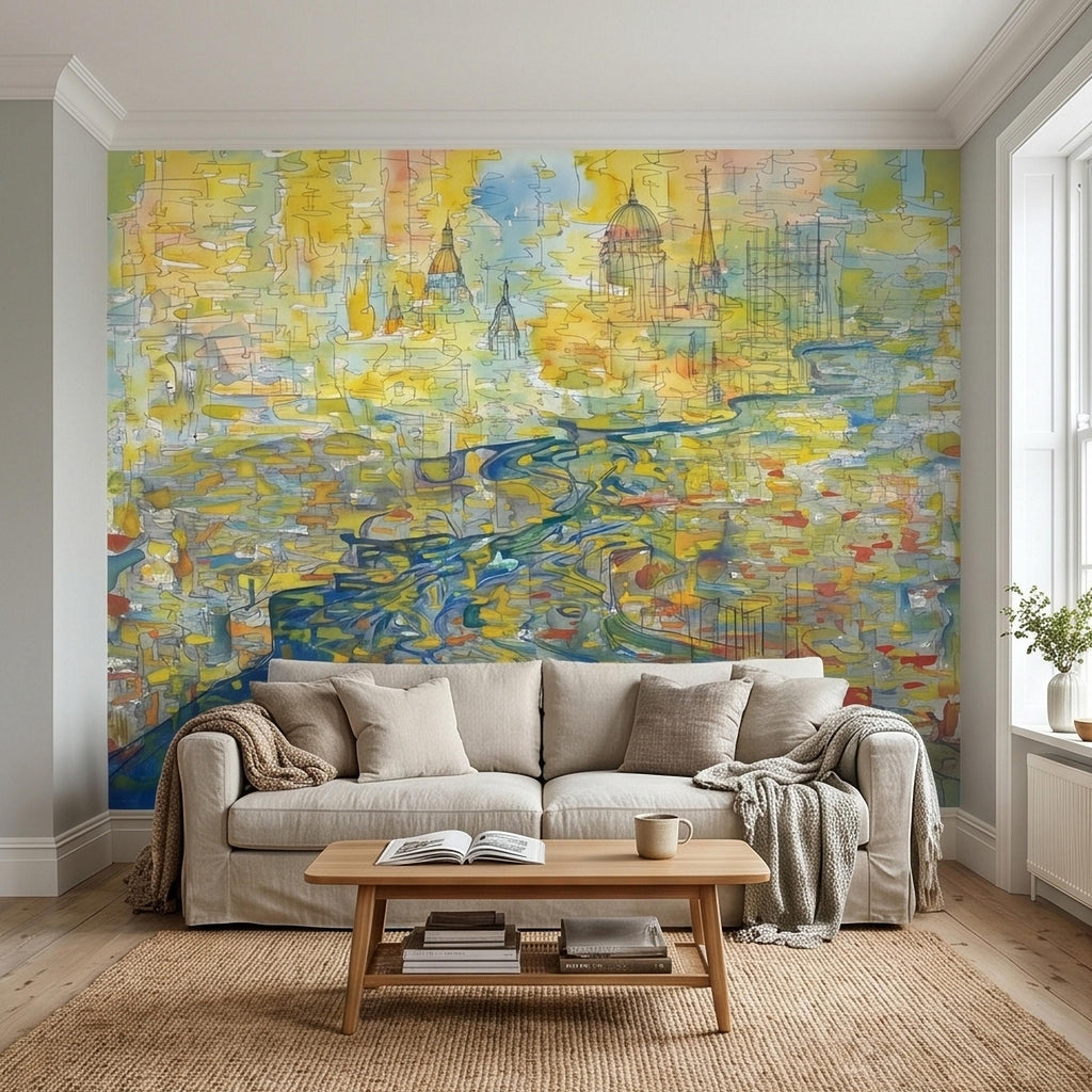 Abstract Watercolor City Map Peel and Stick Wall Mural, Colorful River Cityscape Line Drawing with Domes, Modern Urban Blue Yellow Wallpaper