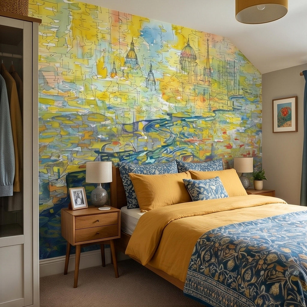 Abstract Watercolor City Map Peel and Stick Wall Mural, Colorful River Cityscape Line Drawing with Domes, Modern Urban Blue Yellow Wallpaper