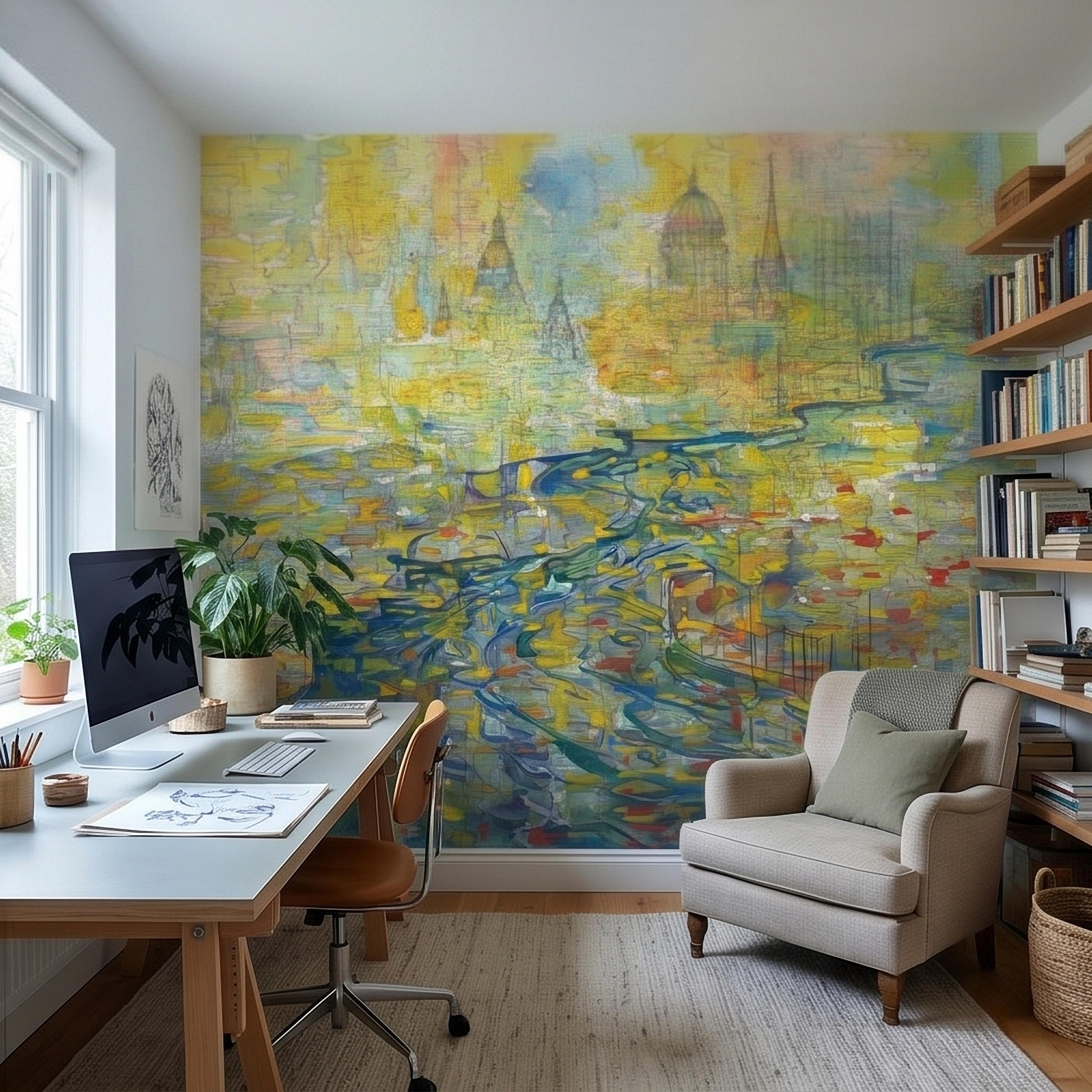 Abstract Watercolor City Map Peel and Stick Wall Mural, Colorful River Cityscape Line Drawing with Domes, Modern Urban Blue Yellow Wallpaper