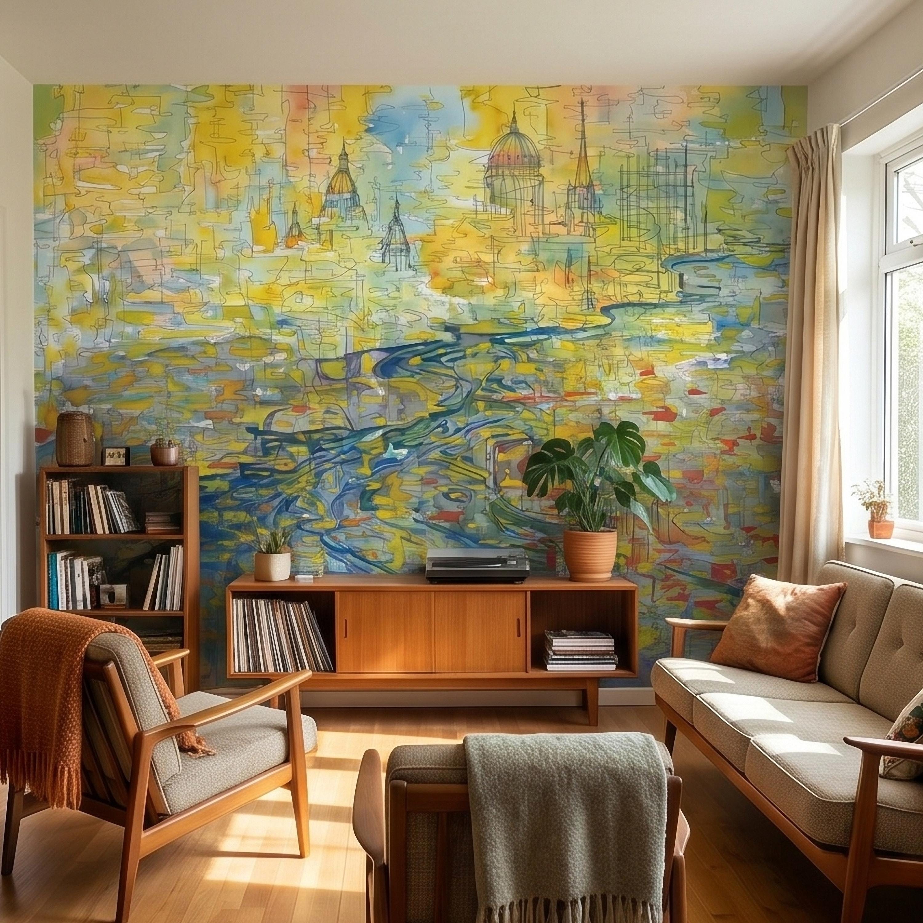 Abstract Watercolor City Map Peel and Stick Wall Mural, Colorful River Cityscape Line Drawing with Domes, Modern Urban Blue Yellow Wallpaper