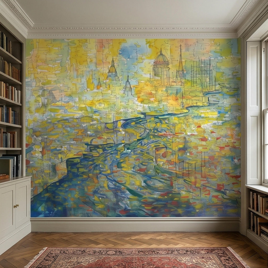 Abstract Watercolor City Map Peel and Stick Wall Mural, Colorful River Cityscape Line Drawing with Domes, Modern Urban Blue Yellow Wallpaper