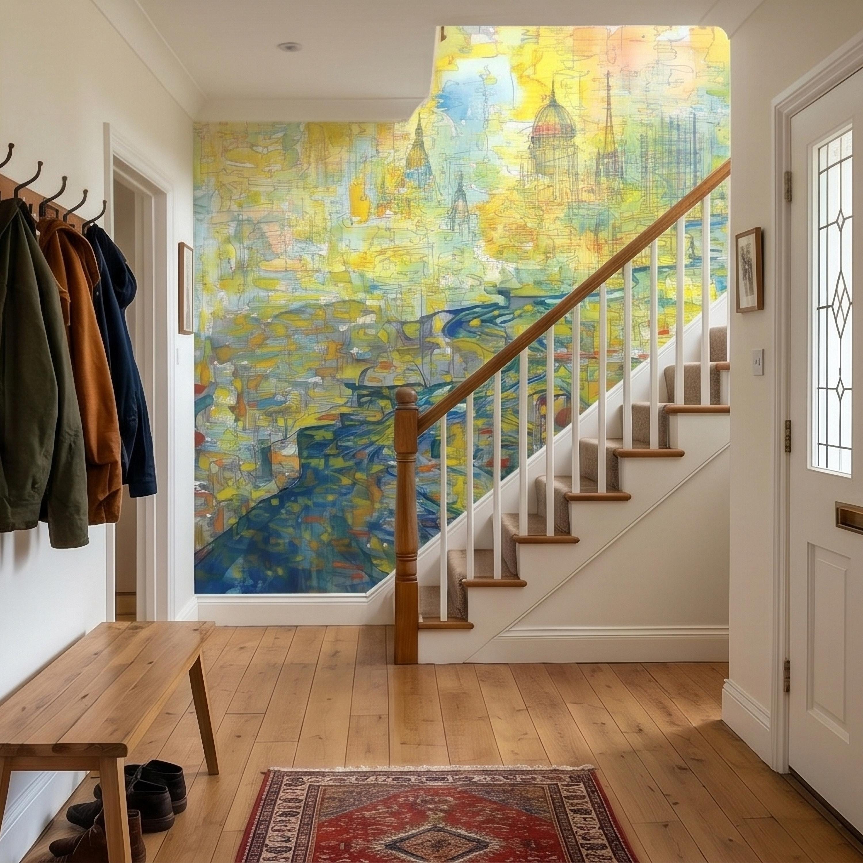 Abstract Watercolor City Map Peel and Stick Wall Mural, Colorful River Cityscape Line Drawing with Domes, Modern Urban Blue Yellow Wallpaper