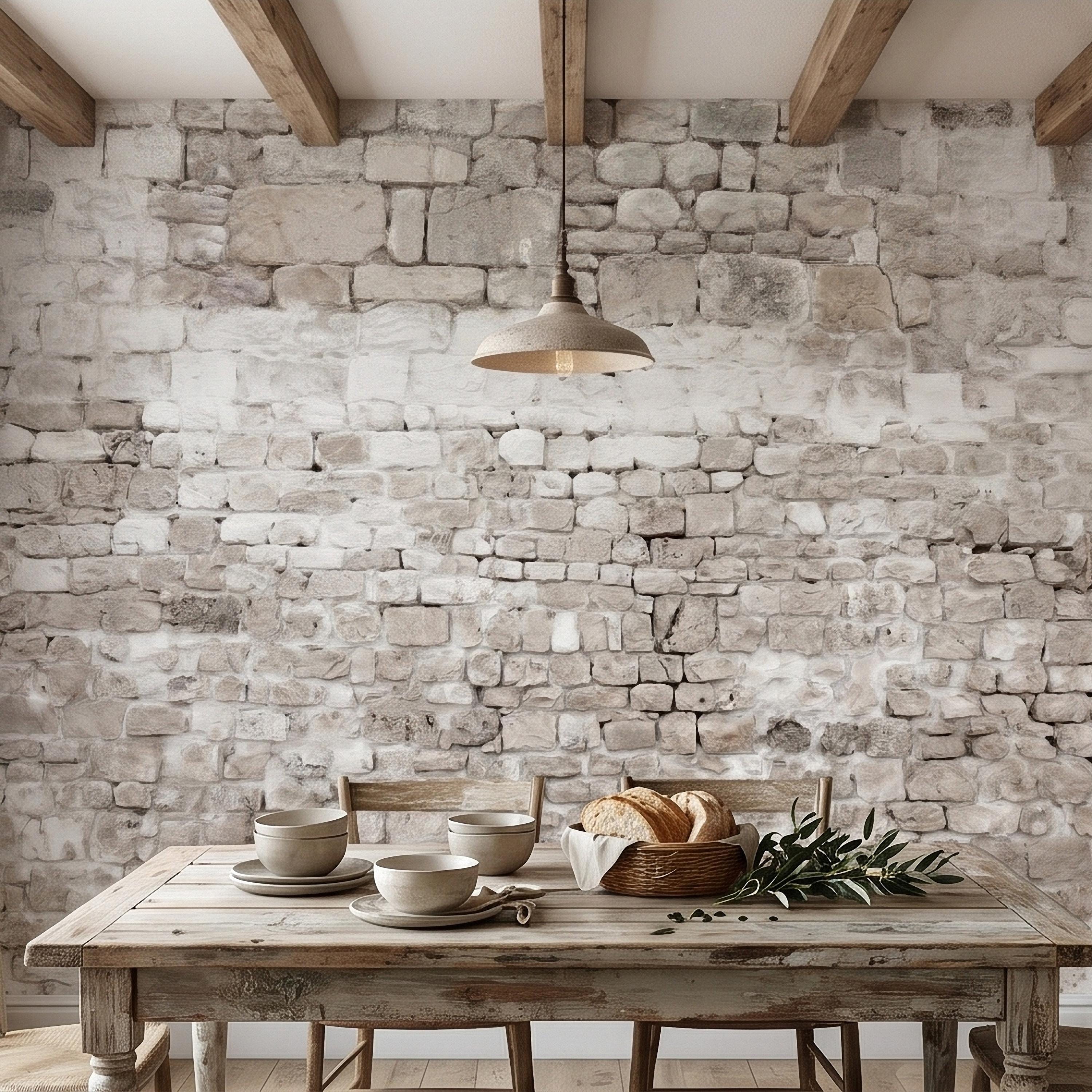 Faux White Brick Peel and Stick Wall Mural, Whitewashed Distressed Exposed Brick Texture, Farmhouse Industrial Loft Backdrop Wallpaper