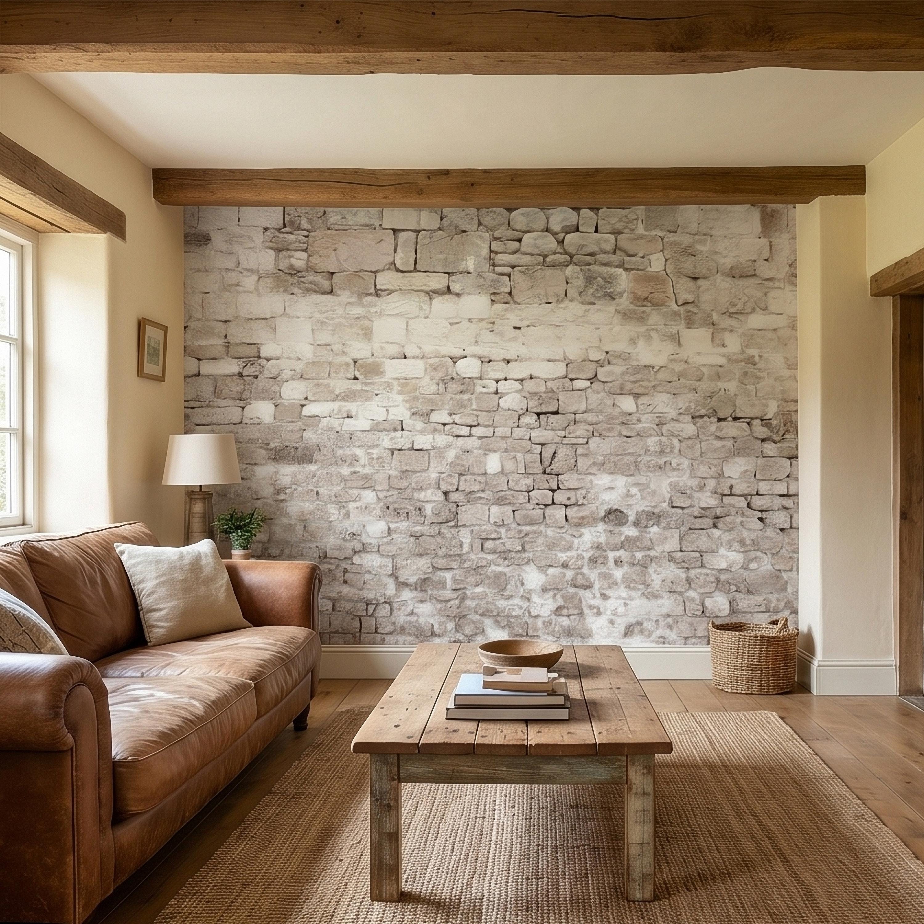 Faux White Brick Peel and Stick Wall Mural, Whitewashed Distressed Exposed Brick Texture, Farmhouse Industrial Loft Backdrop Wallpaper