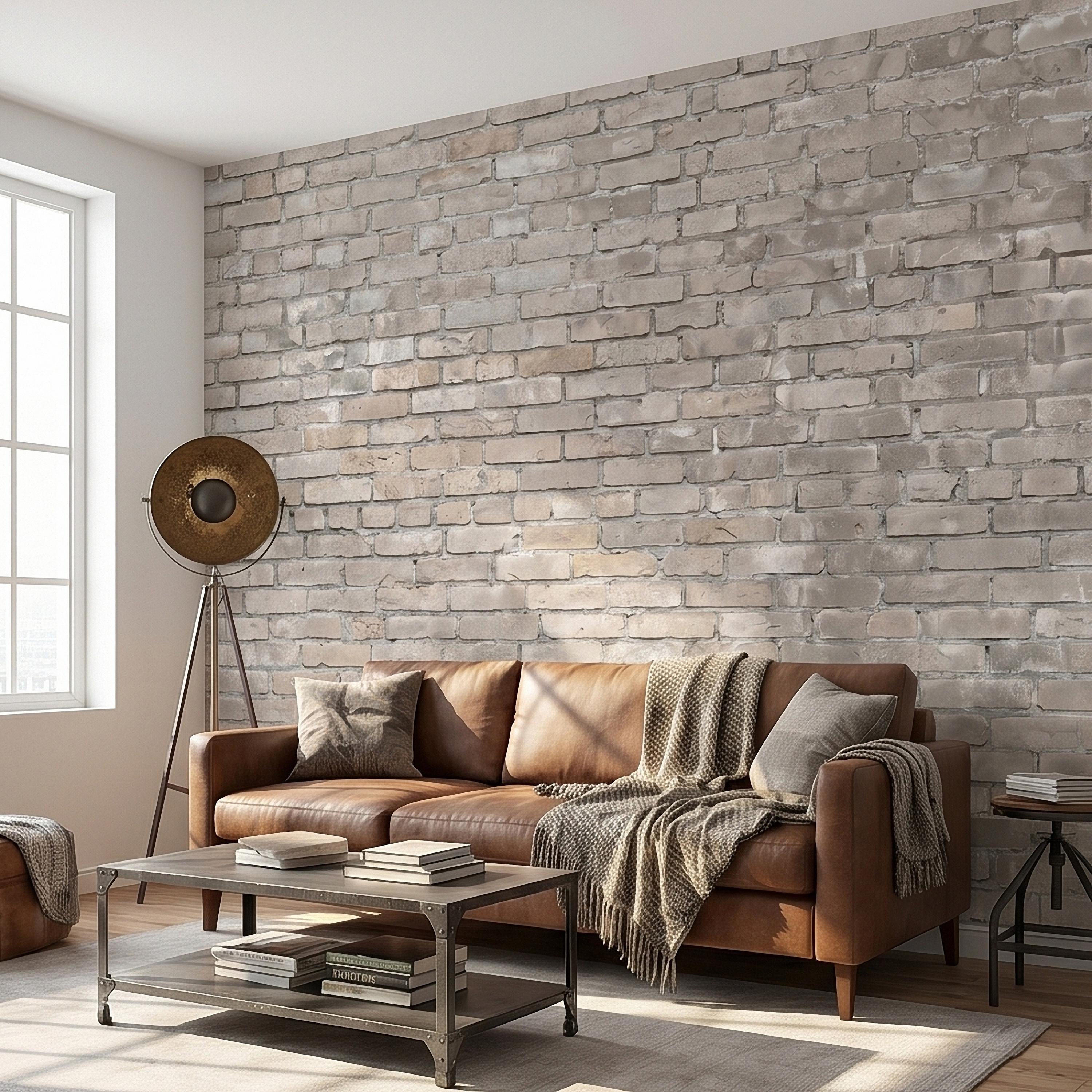 Whitewashed Brick Peel and Stick Wall Mural, Faux Exposed White Brick Texture Neutral Gray Farmhouse Loft Industrial Accent Brick Wallpaper