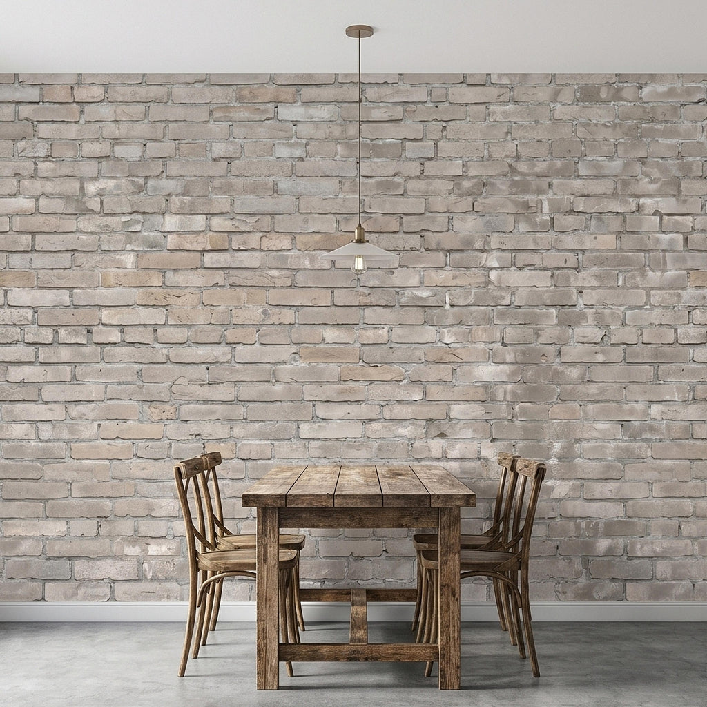 Whitewashed Brick Peel and Stick Wall Mural, Faux Exposed White Brick Texture Neutral Gray Farmhouse Loft Industrial Accent Brick Wallpaper