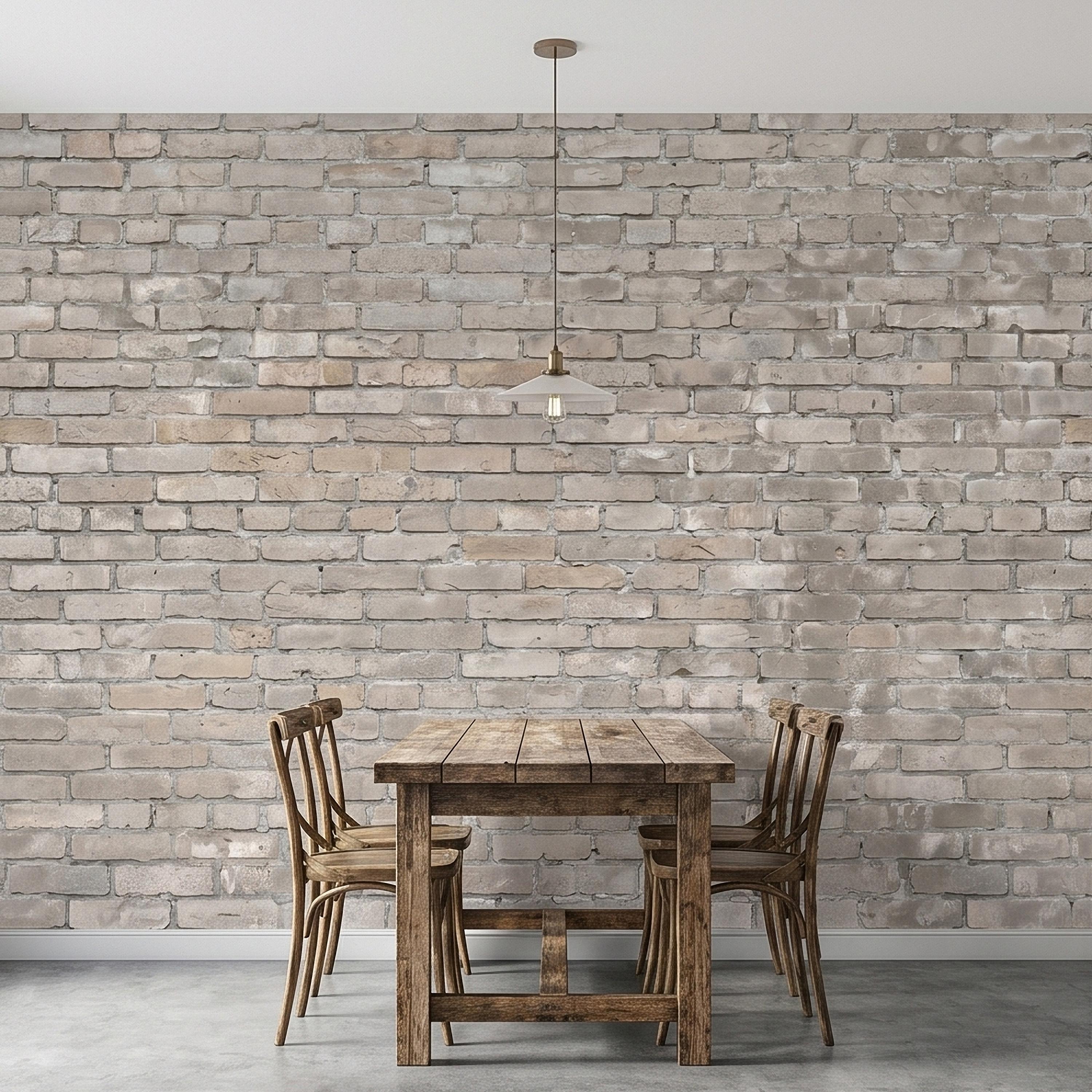 Whitewashed Brick Peel and Stick Wall Mural, Faux Exposed White Brick Texture Neutral Gray Farmhouse Loft Industrial Accent Brick Wallpaper