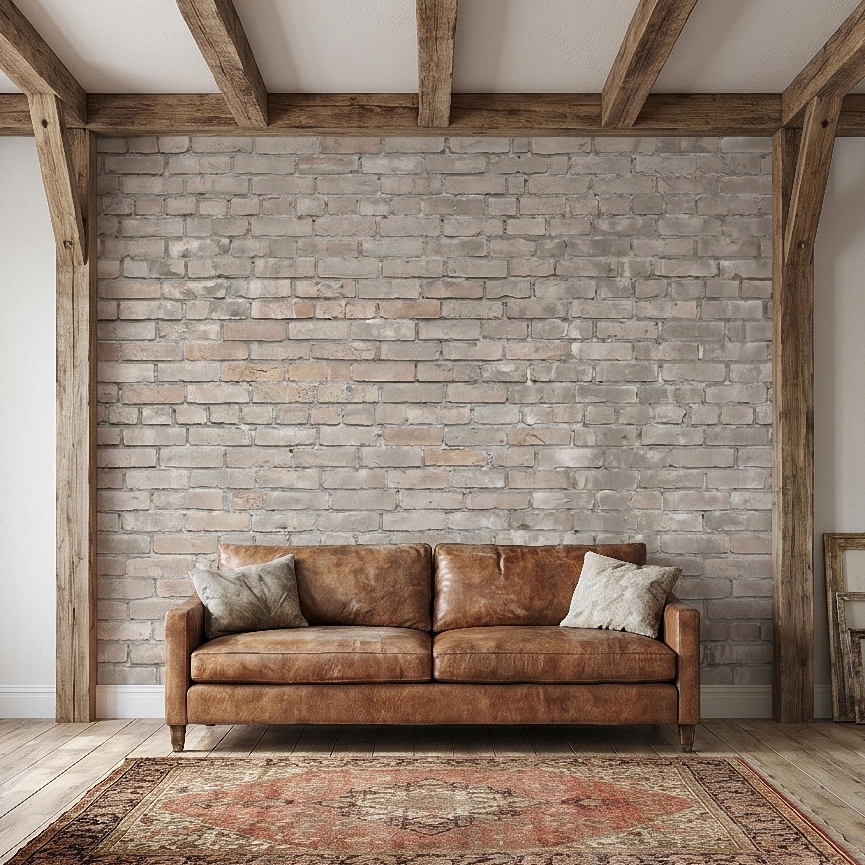 Whitewashed Brick Peel and Stick Wall Mural, Faux Exposed White Brick Texture Neutral Gray Farmhouse Loft Industrial Accent Brick Wallpaper