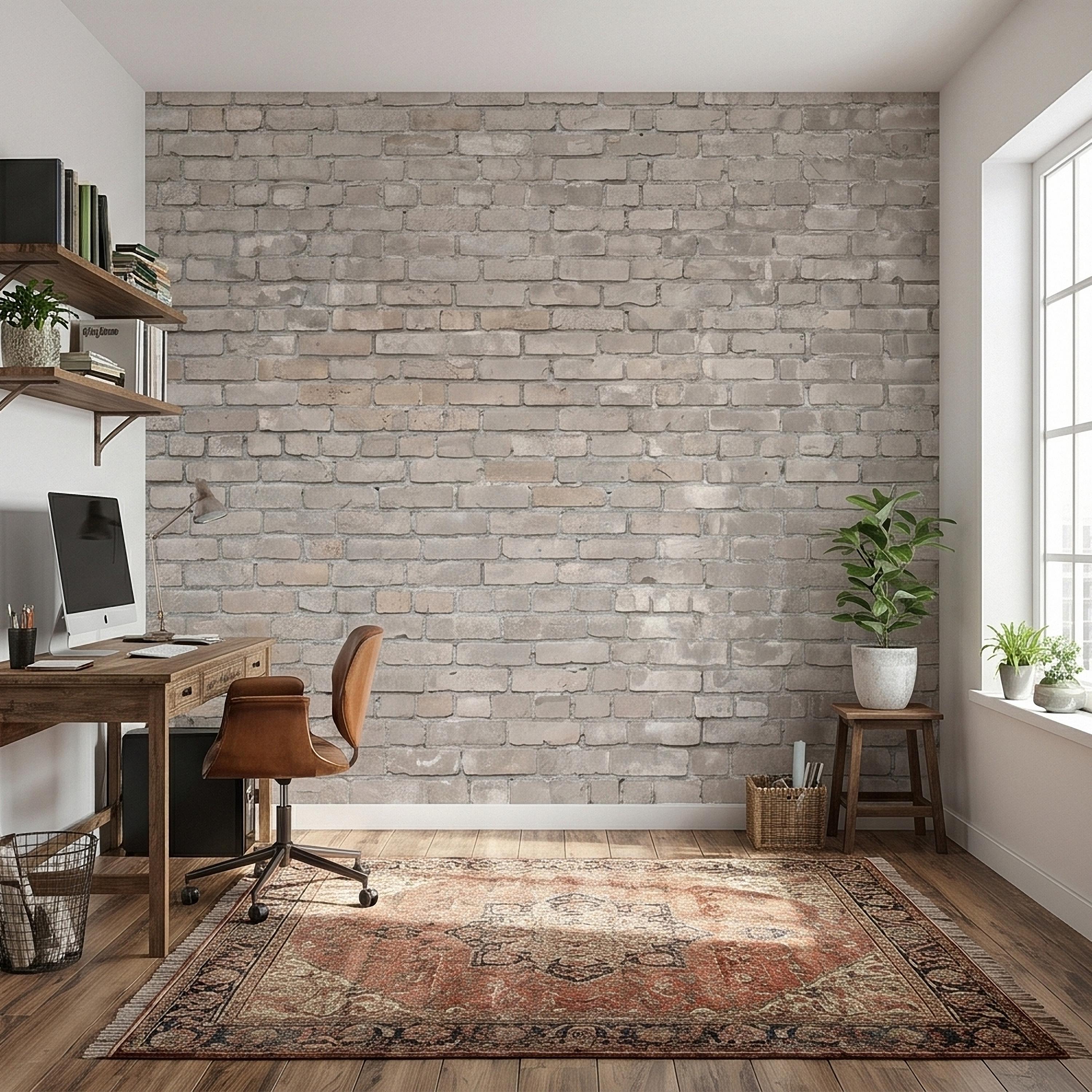 Whitewashed Brick Peel and Stick Wall Mural, Faux Exposed White Brick Texture Neutral Gray Farmhouse Loft Industrial Accent Brick Wallpaper