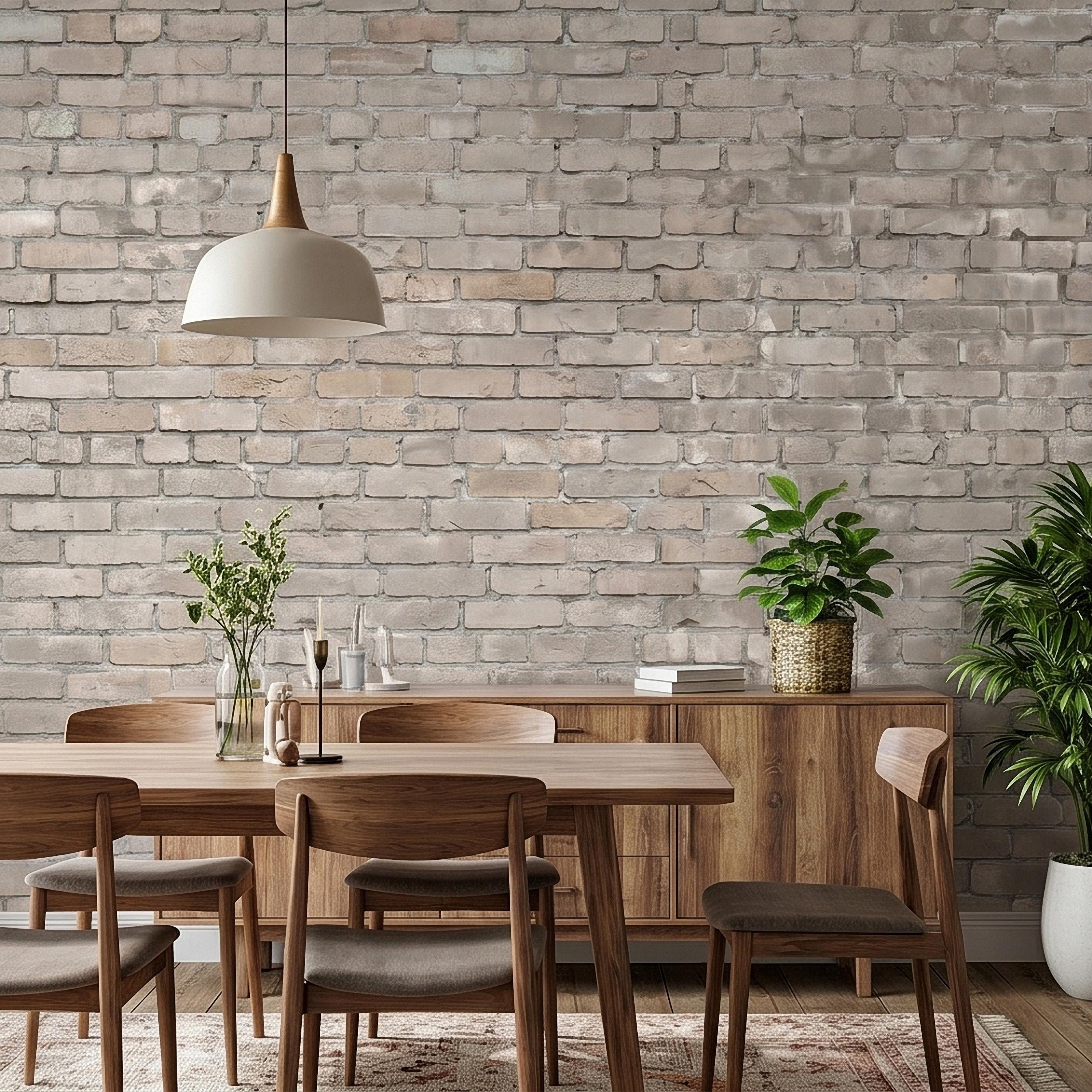 Whitewashed Brick Peel and Stick Wall Mural, Faux Exposed White Brick Texture Neutral Gray Farmhouse Loft Industrial Accent Brick Wallpaper
