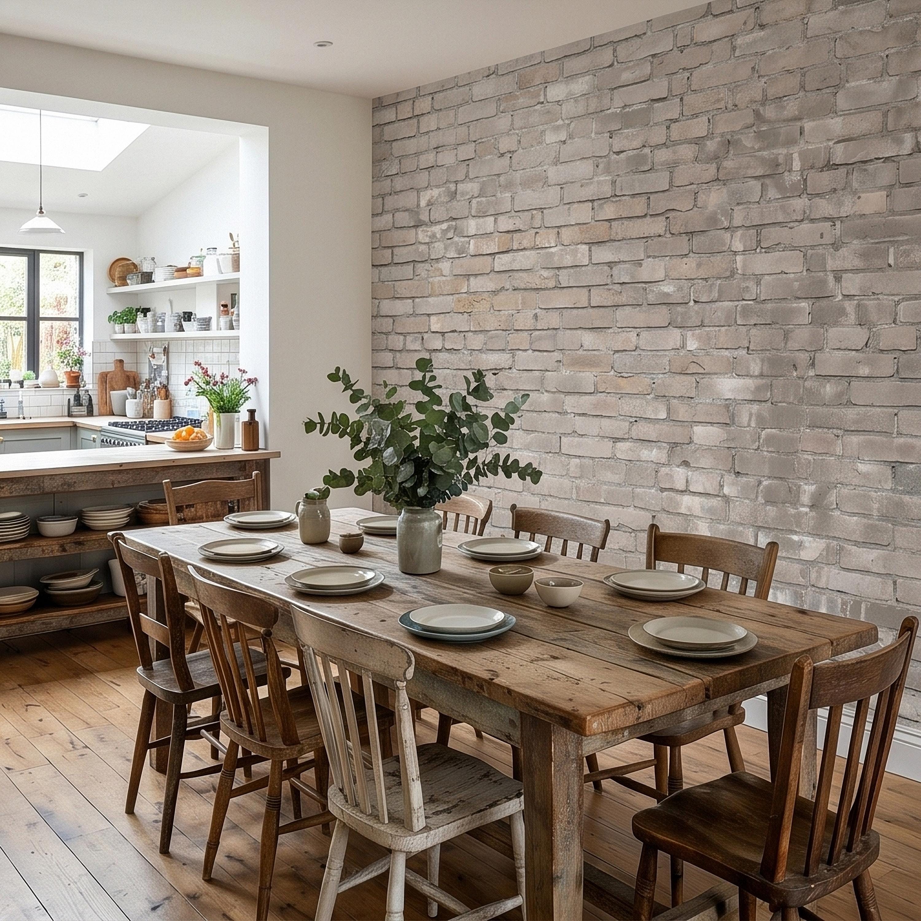 Whitewashed Brick Peel and Stick Wall Mural, Faux Exposed White Brick Texture Neutral Gray Farmhouse Loft Industrial Accent Brick Wallpaper