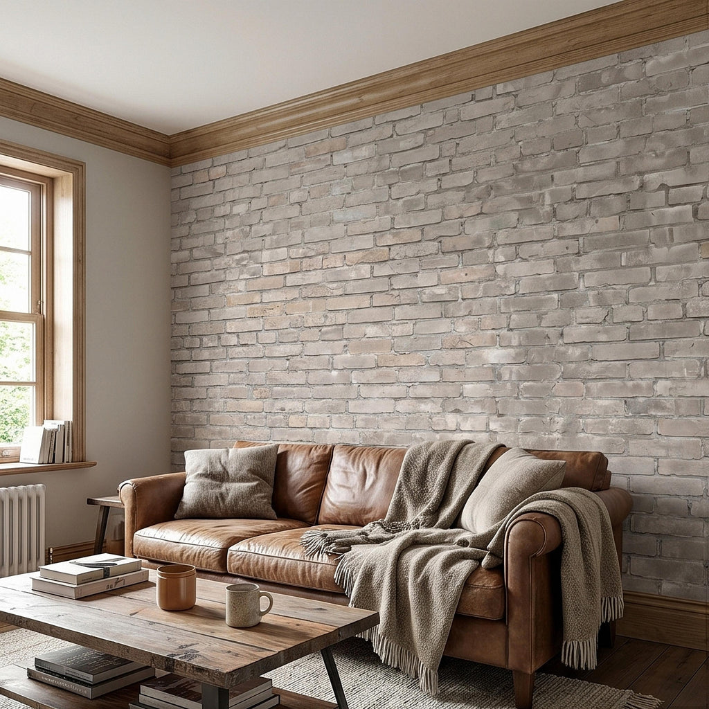 Whitewashed Brick Peel and Stick Wall Mural, Faux Exposed White Brick Texture Neutral Gray Farmhouse Loft Industrial Accent Brick Wallpaper