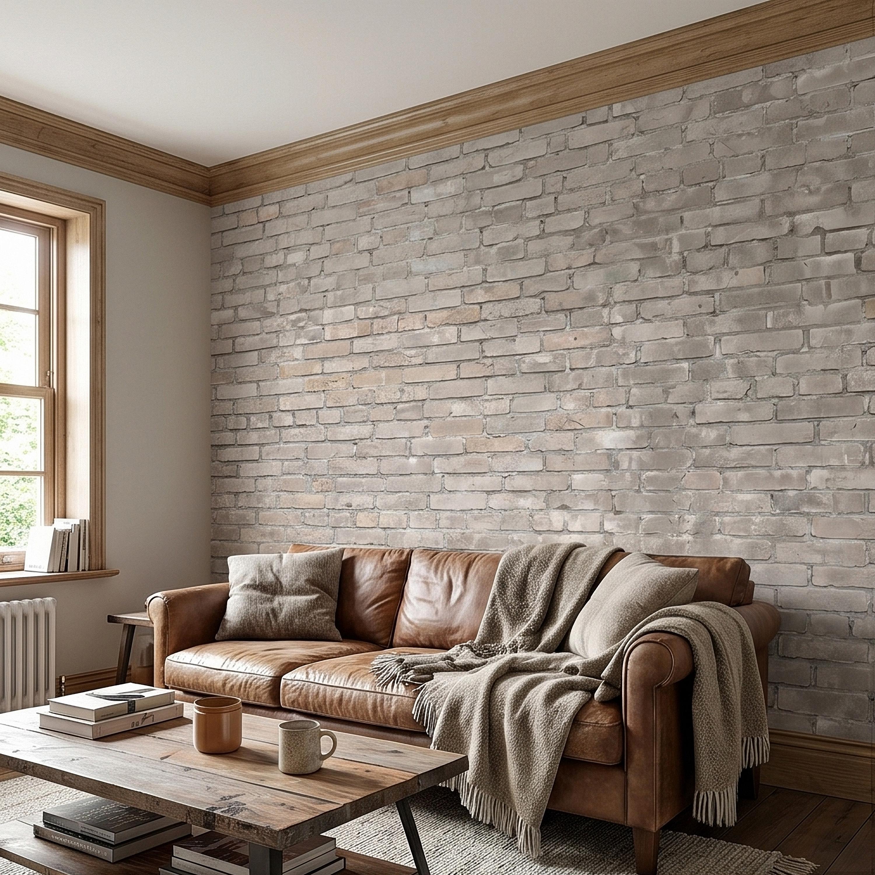 Whitewashed Brick Peel and Stick Wall Mural, Faux Exposed White Brick Texture Neutral Gray Farmhouse Loft Industrial Accent Brick Wallpaper
