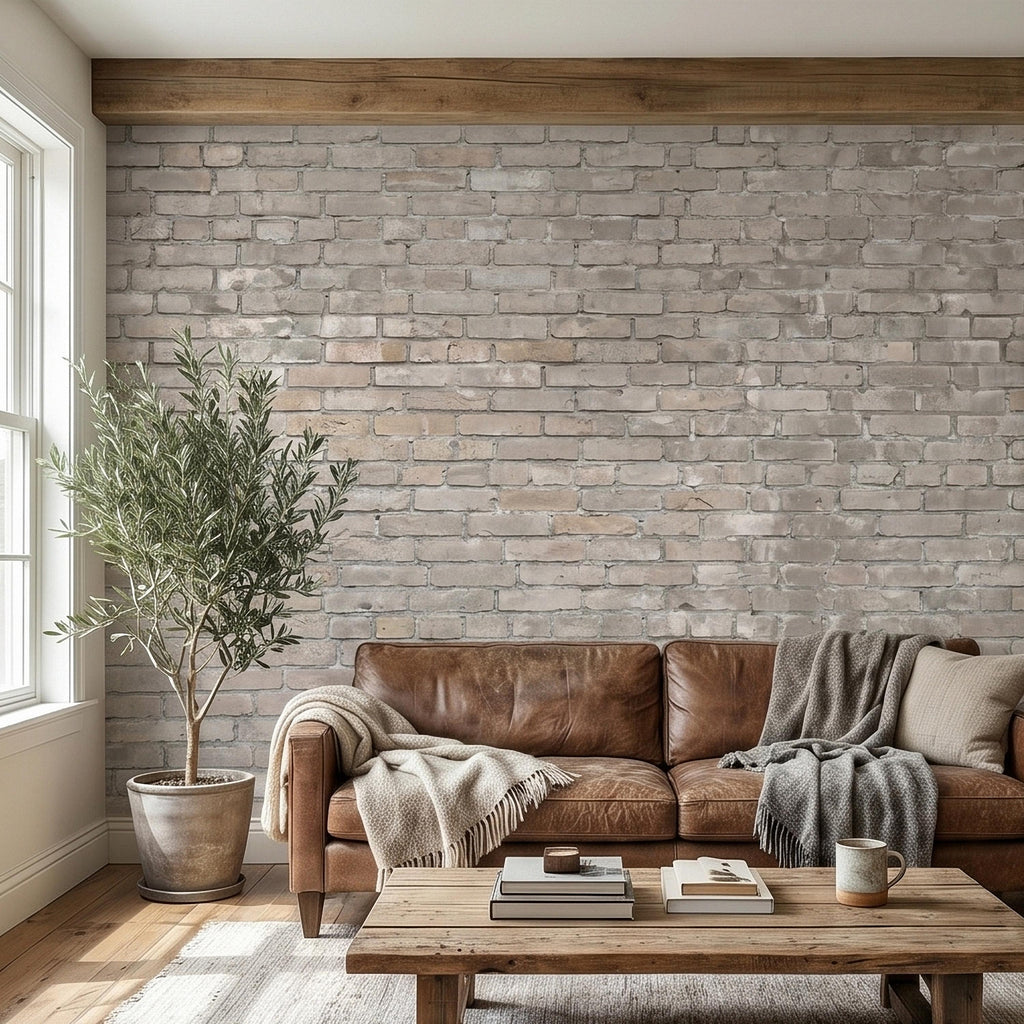 Whitewashed Brick Peel and Stick Wall Mural, Faux Exposed White Brick Texture Neutral Gray Farmhouse Loft Industrial Accent Brick Wallpaper