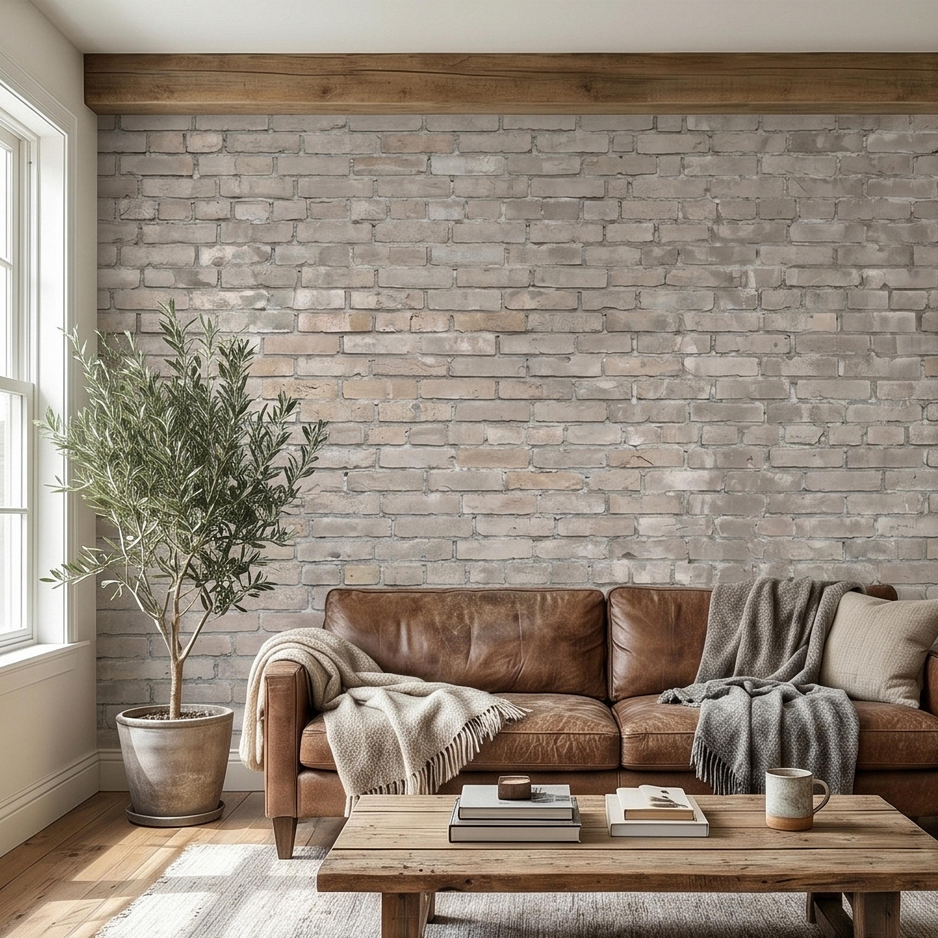 Whitewashed Brick Peel and Stick Wall Mural, Faux Exposed White Brick Texture Neutral Gray Farmhouse Loft Industrial Accent Brick Wallpaper