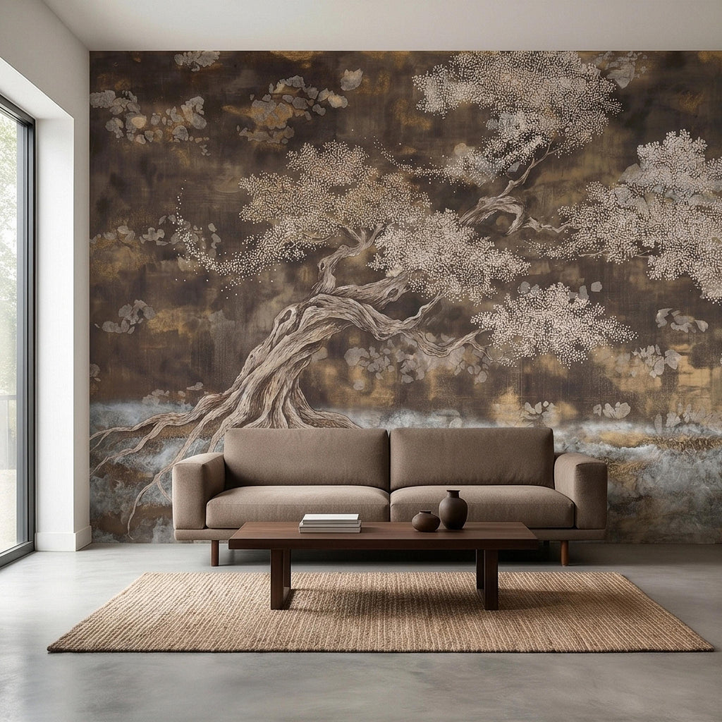 Zen Blossom Tree Peel and Stick Wall Mural, Neutral Brown Ink Wash Bonsai Roots Landscape, Japanese Wabi Sabi Minimal Wallpaper