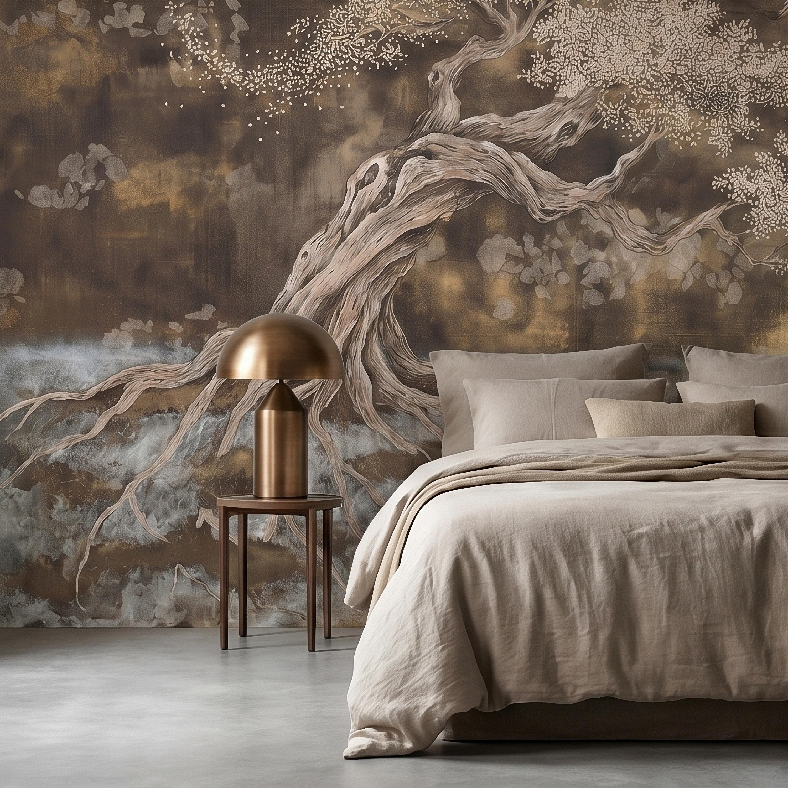 Zen Blossom Tree Peel and Stick Wall Mural, Neutral Brown Ink Wash Bonsai Roots Landscape, Japanese Wabi Sabi Minimal Wallpaper