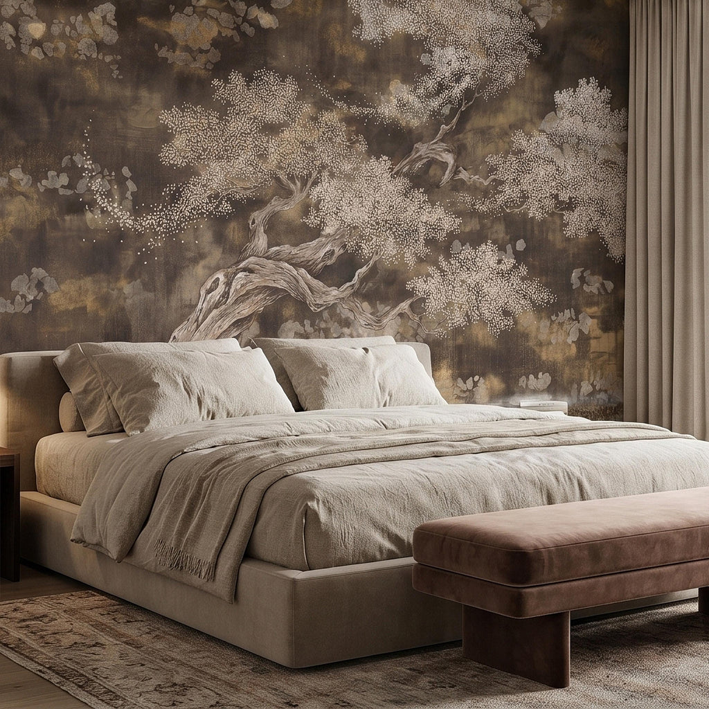 Zen Blossom Tree Peel and Stick Wall Mural, Neutral Brown Ink Wash Bonsai Roots Landscape, Japanese Wabi Sabi Minimal Wallpaper