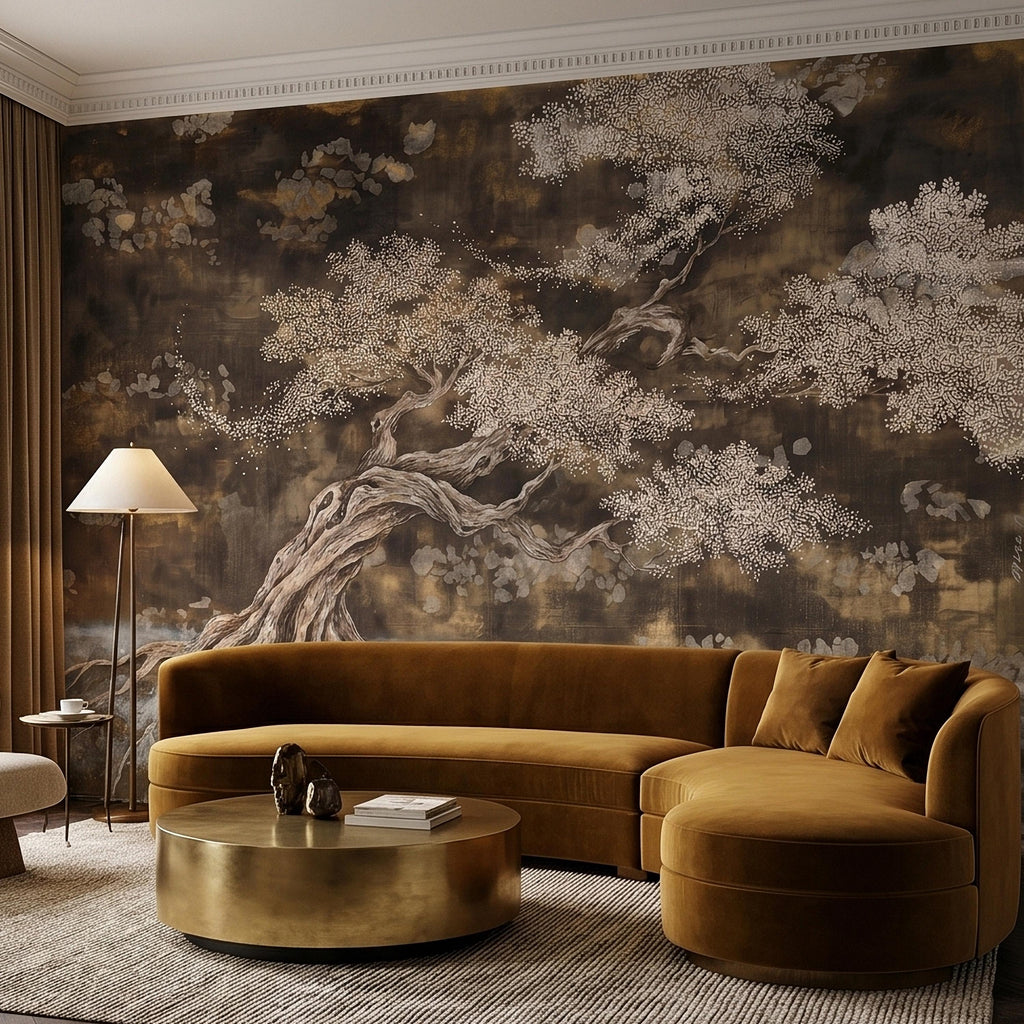 Zen Blossom Tree Peel and Stick Wall Mural, Neutral Brown Ink Wash Bonsai Roots Landscape, Japanese Wabi Sabi Minimal Wallpaper