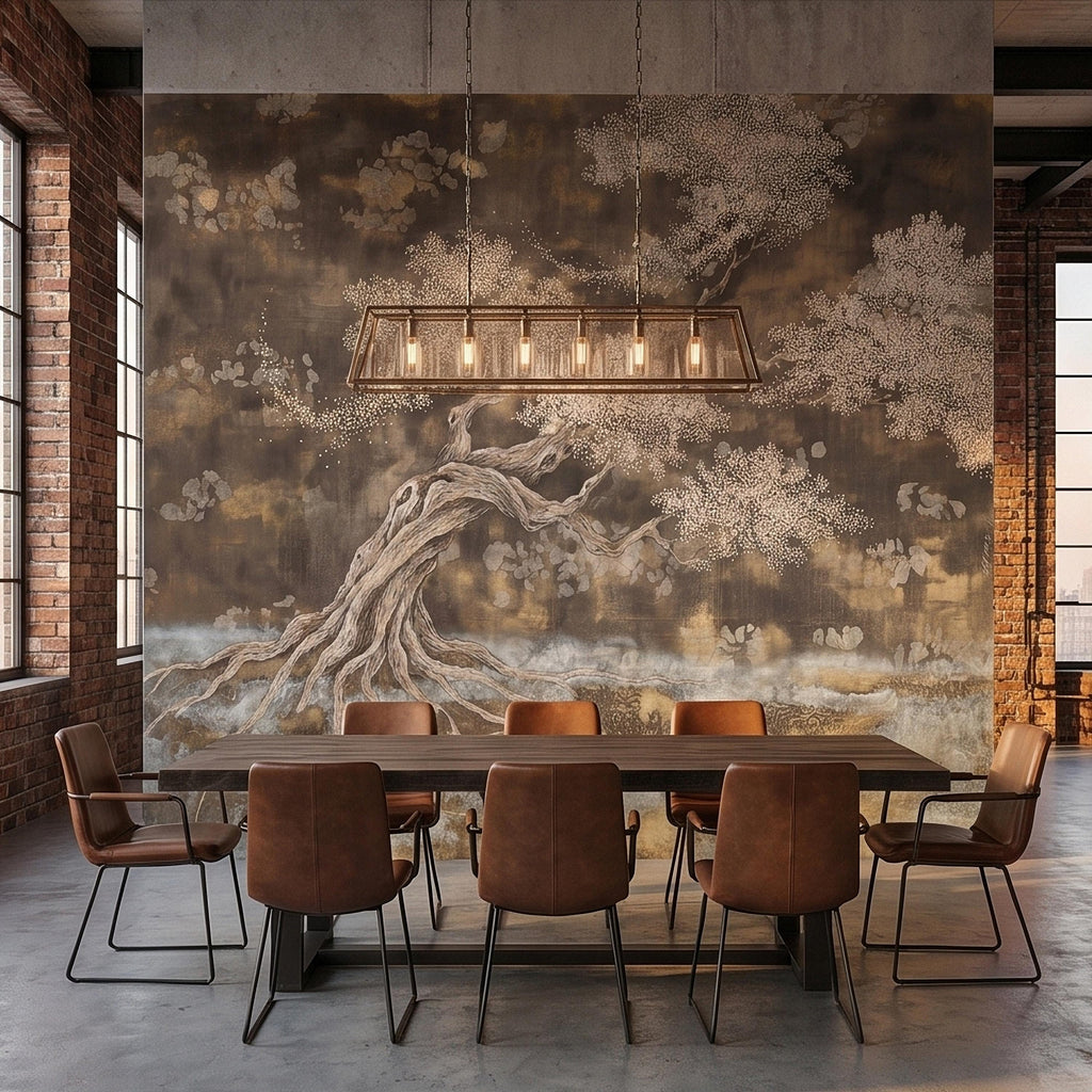 Zen Blossom Tree Peel and Stick Wall Mural, Neutral Brown Ink Wash Bonsai Roots Landscape, Japanese Wabi Sabi Minimal Wallpaper