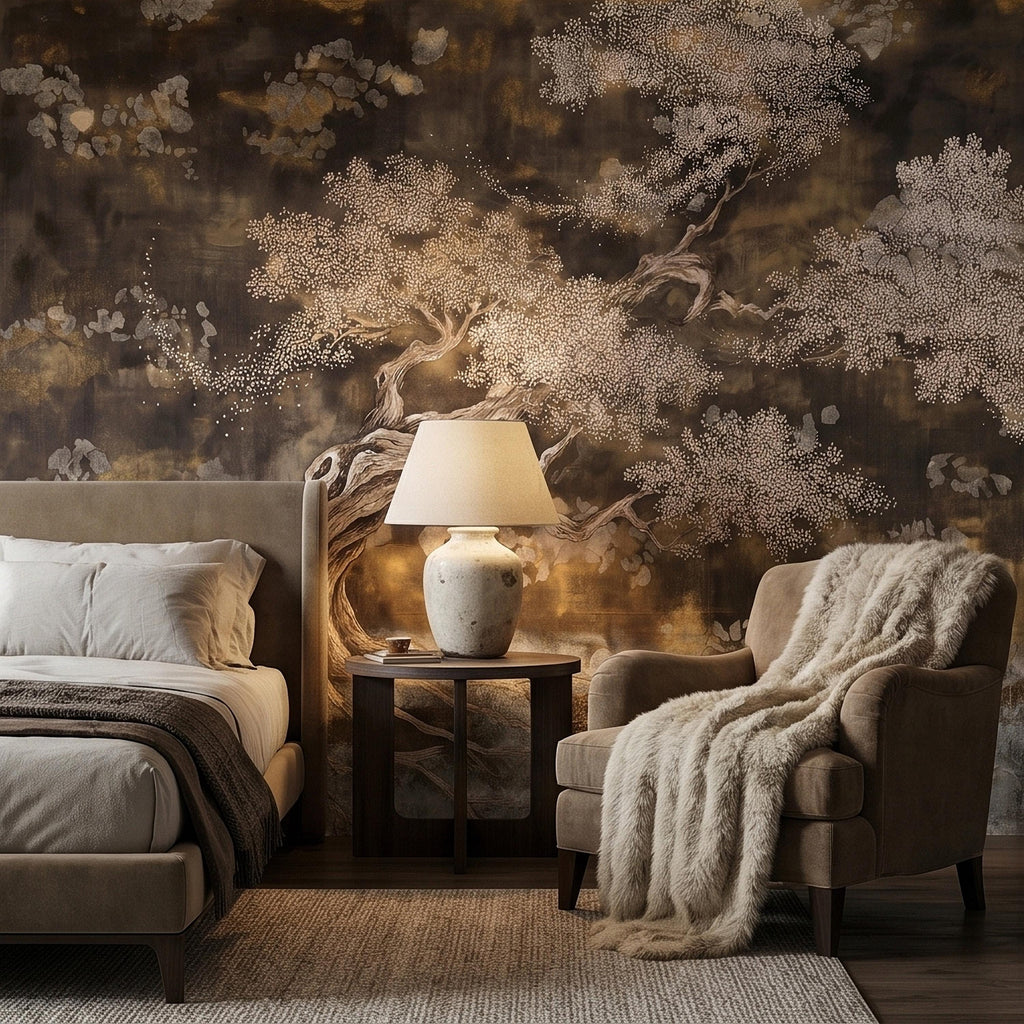 Zen Blossom Tree Peel and Stick Wall Mural, Neutral Brown Ink Wash Bonsai Roots Landscape, Japanese Wabi Sabi Minimal Wallpaper