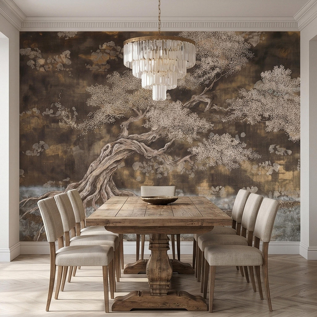 Zen Blossom Tree Peel and Stick Wall Mural, Neutral Brown Ink Wash Bonsai Roots Landscape, Japanese Wabi Sabi Minimal Wallpaper