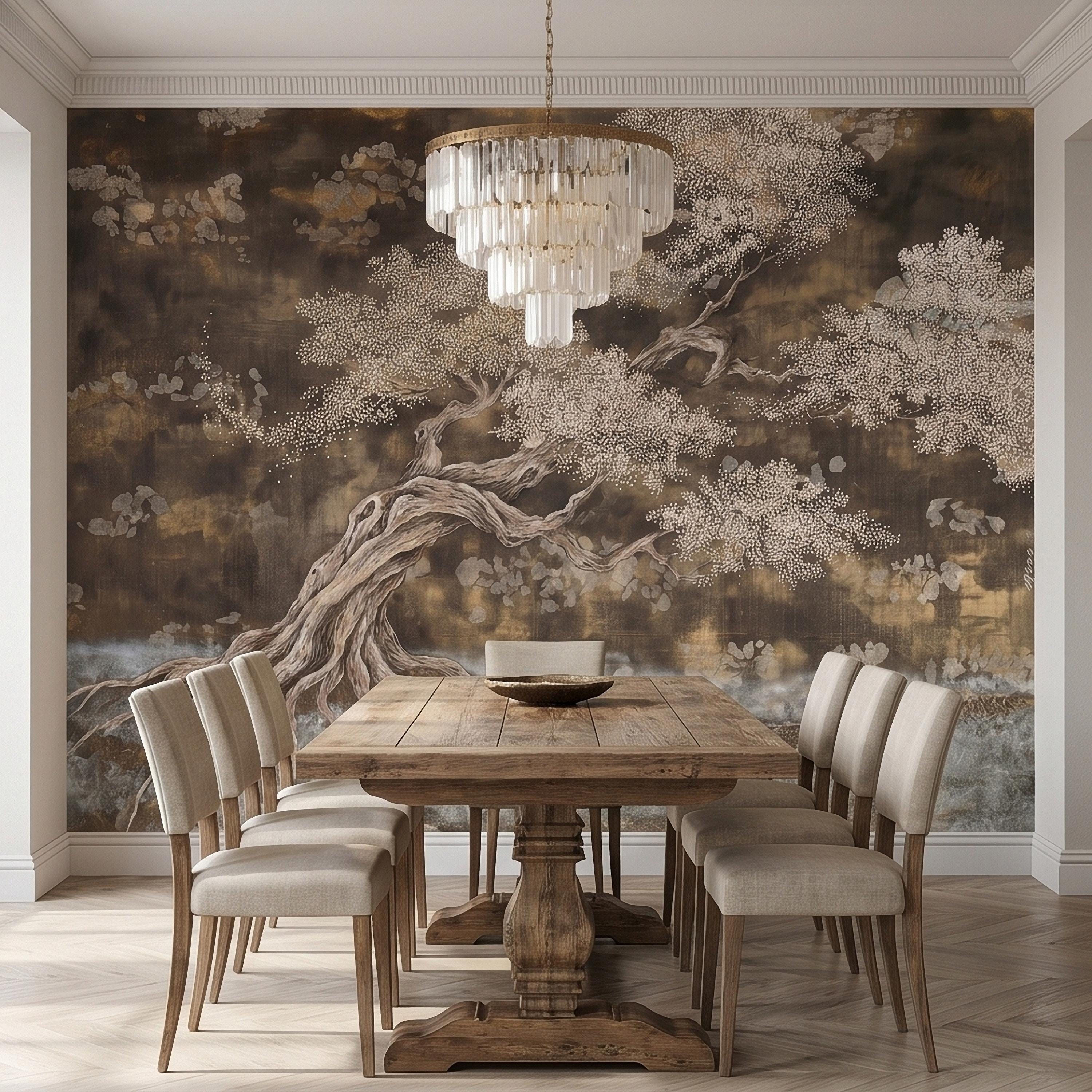 Zen Blossom Tree Peel and Stick Wall Mural, Neutral Brown Ink Wash Bonsai Roots Landscape, Japanese Wabi Sabi Minimal Wallpaper