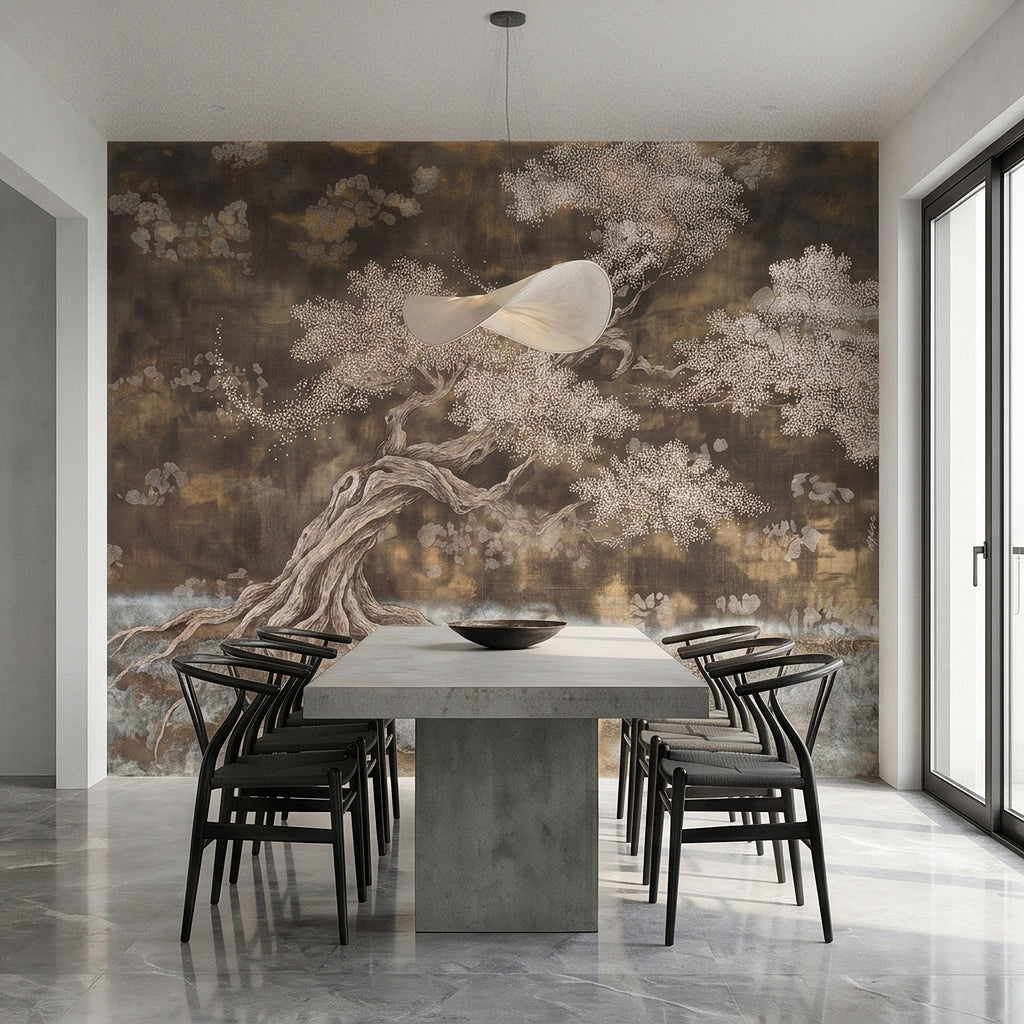 Zen Blossom Tree Peel and Stick Wall Mural, Neutral Brown Ink Wash Bonsai Roots Landscape, Japanese Wabi Sabi Minimal Wallpaper