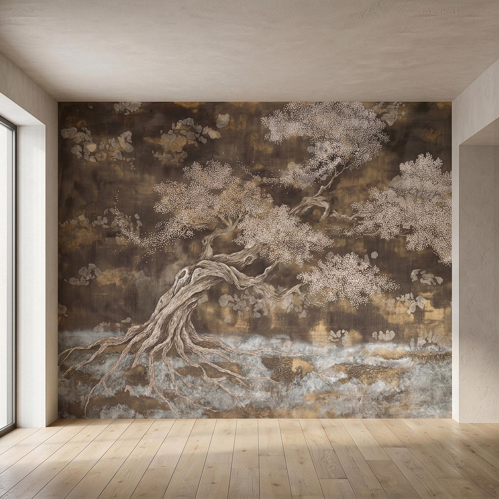 Zen Blossom Tree Peel and Stick Wall Mural, Neutral Brown Ink Wash Bonsai Roots Landscape, Japanese Wabi Sabi Minimal Wallpaper