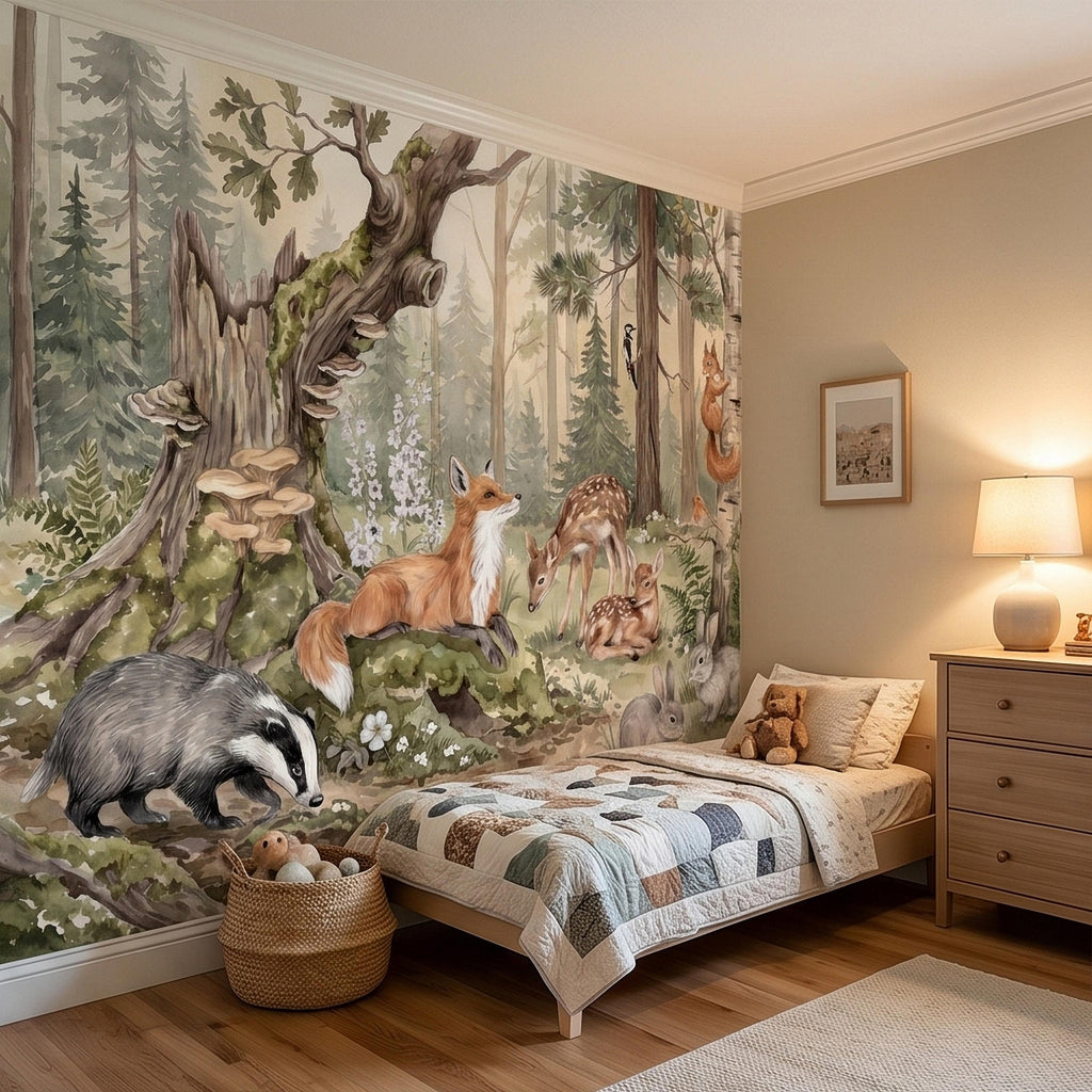 Woodland Animals Peel and Stick Wall Mural, Watercolor Fox Deer Rabbits Squirrel Forest Scene, Neutral Sage Green Whimsical Kids Wallpaper