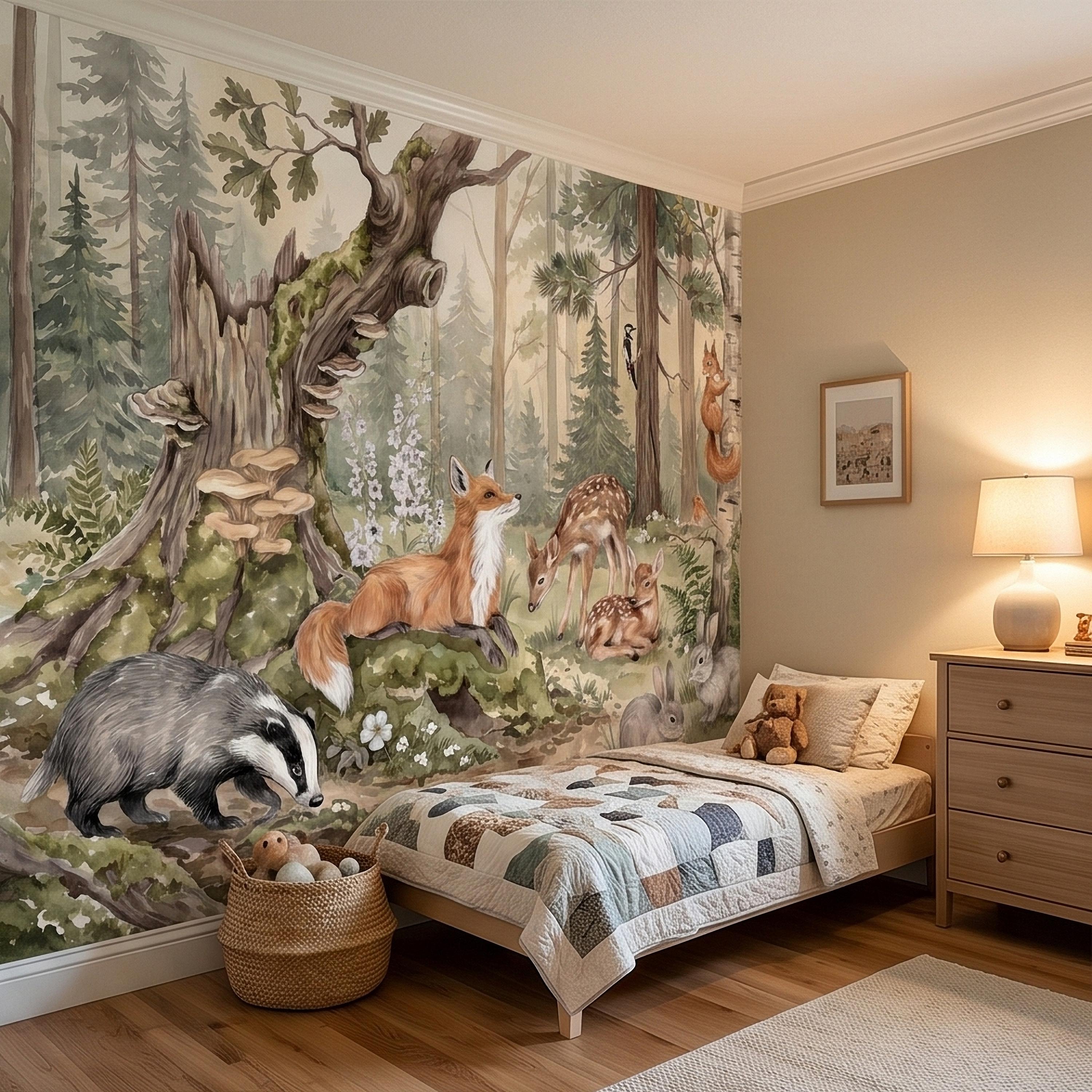 Woodland Animals Peel and Stick Wall Mural, Watercolor Fox Deer Rabbits Squirrel Forest Scene, Neutral Sage Green Whimsical Kids Wallpaper