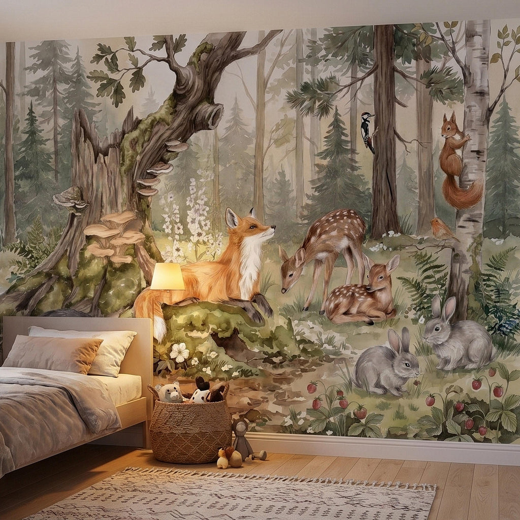Woodland Animals Peel and Stick Wall Mural, Watercolor Fox Deer Rabbits Squirrel Forest Scene, Neutral Sage Green Whimsical Kids Wallpaper