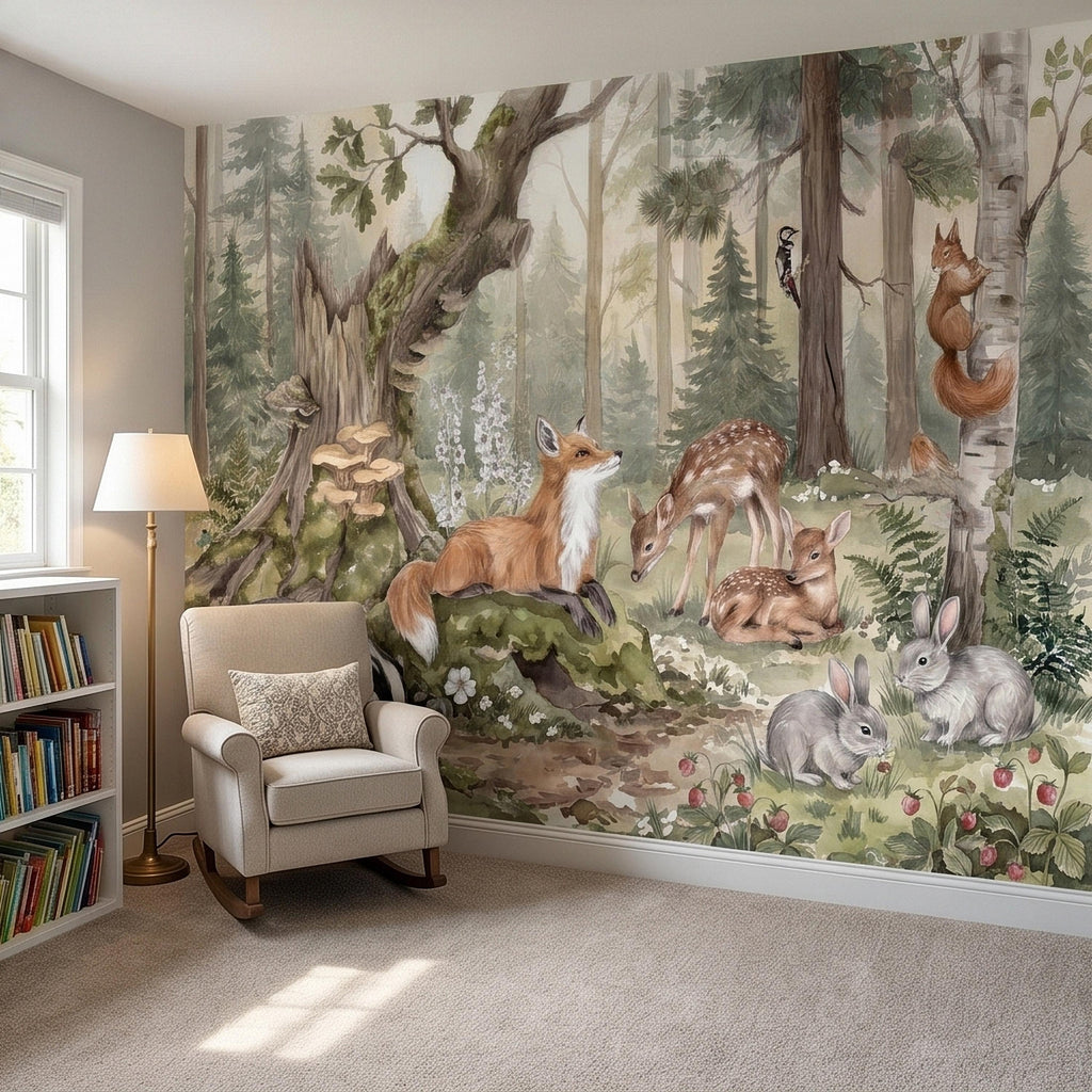 Woodland Animals Peel and Stick Wall Mural, Watercolor Fox Deer Rabbits Squirrel Forest Scene, Neutral Sage Green Whimsical Kids Wallpaper