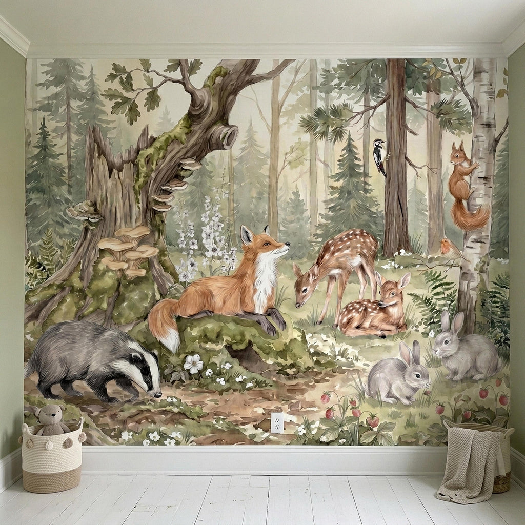 Woodland Animals Peel and Stick Wall Mural, Watercolor Fox Deer Rabbits Squirrel Forest Scene, Neutral Sage Green Whimsical Kids Wallpaper