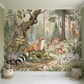 Woodland Animals Peel and Stick Wall Mural, Watercolor Fox Deer Rabbits Squirrel Forest Scene, Neutral Sage Green Whimsical Kids Wallpaper