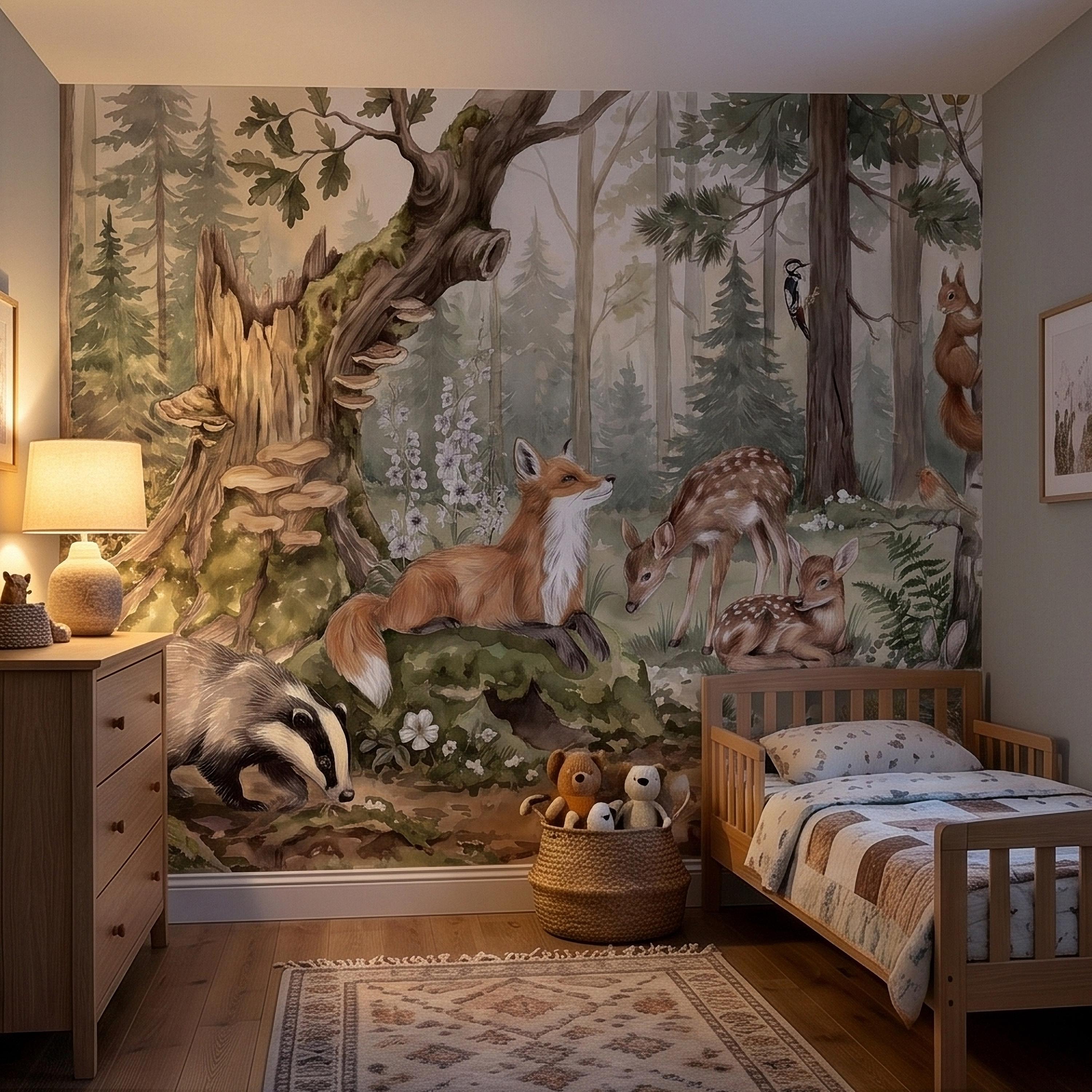 Woodland Animals Peel and Stick Wall Mural, Watercolor Fox Deer Rabbits Squirrel Forest Scene, Neutral Sage Green Whimsical Kids Wallpaper