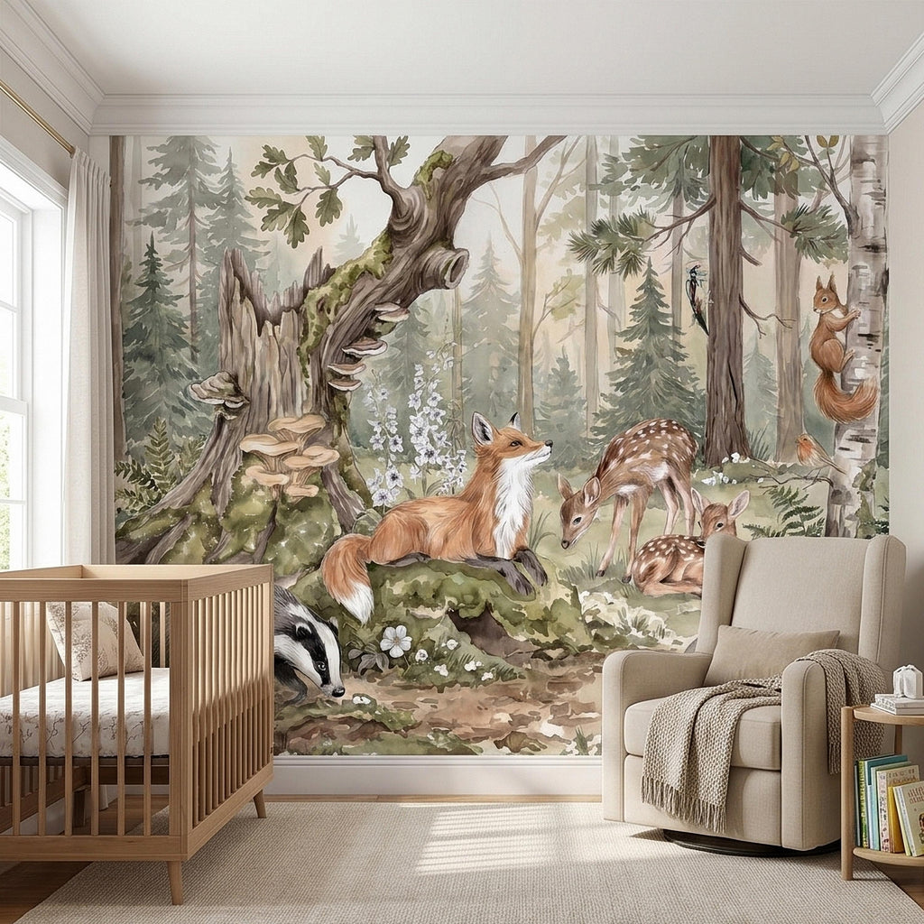 Woodland Animals Peel and Stick Wall Mural, Watercolor Fox Deer Rabbits Squirrel Forest Scene, Neutral Sage Green Whimsical Kids Wallpaper