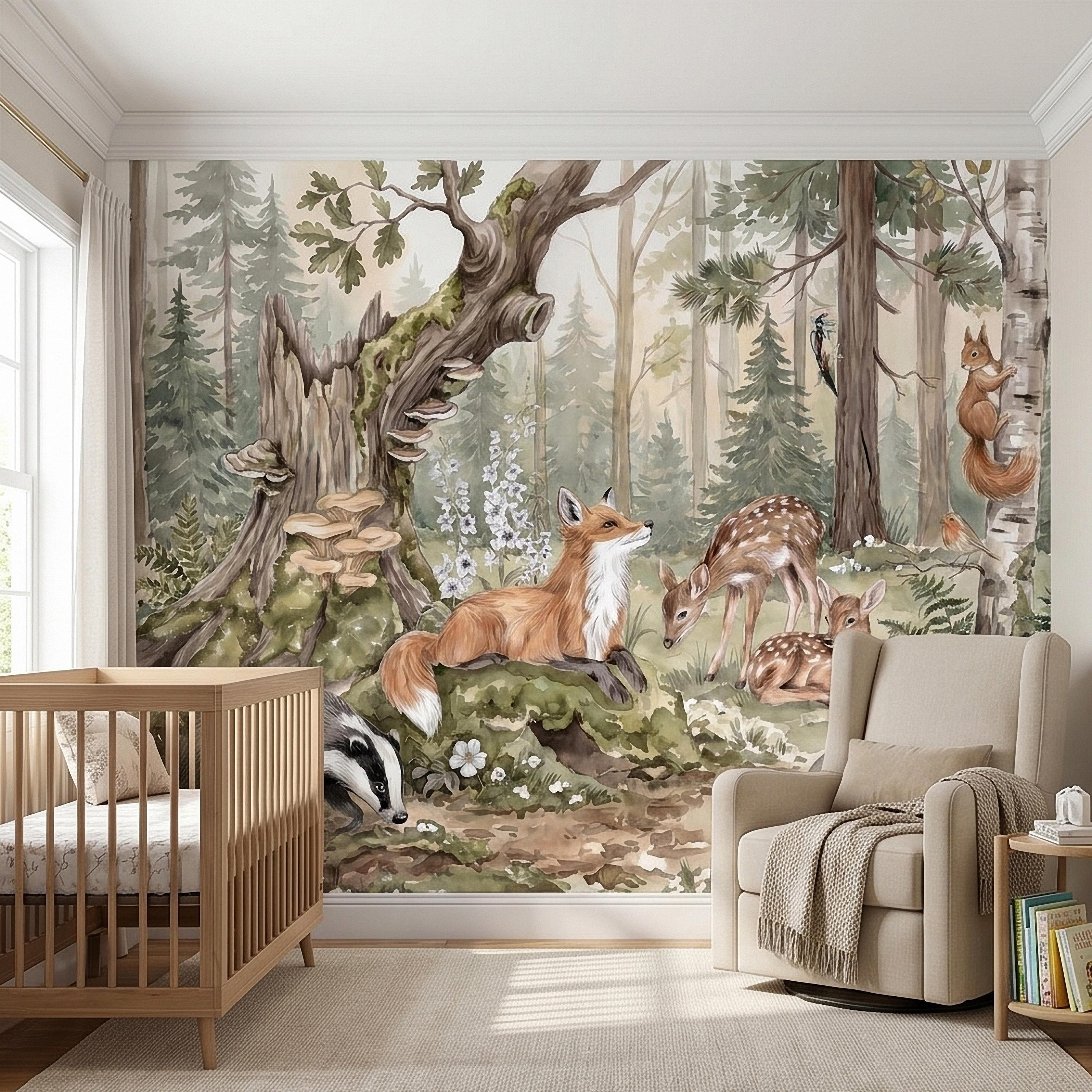 Woodland Animals Peel and Stick Wall Mural, Watercolor Fox Deer Rabbits Squirrel Forest Scene, Neutral Sage Green Whimsical Kids Wallpaper