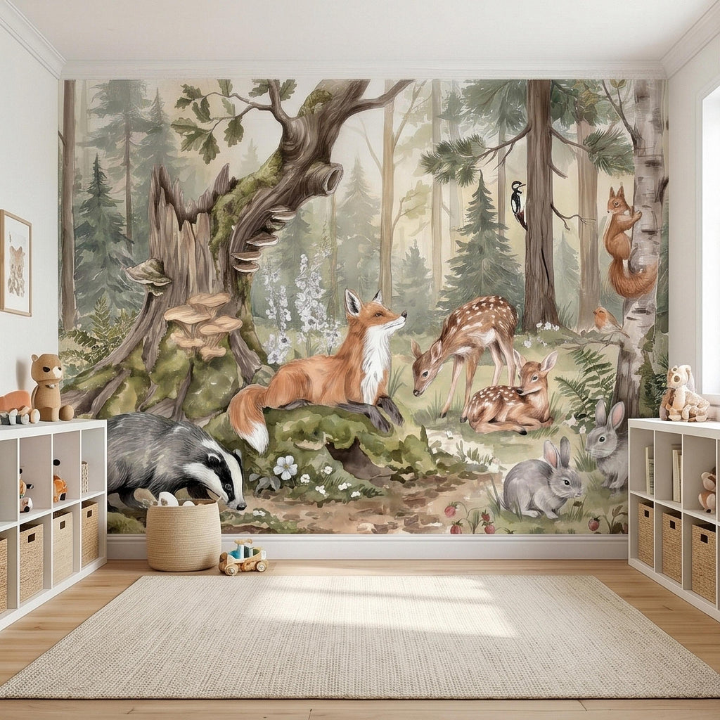 Woodland Animals Peel and Stick Wall Mural, Watercolor Fox Deer Rabbits Squirrel Forest Scene, Neutral Sage Green Whimsical Kids Wallpaper