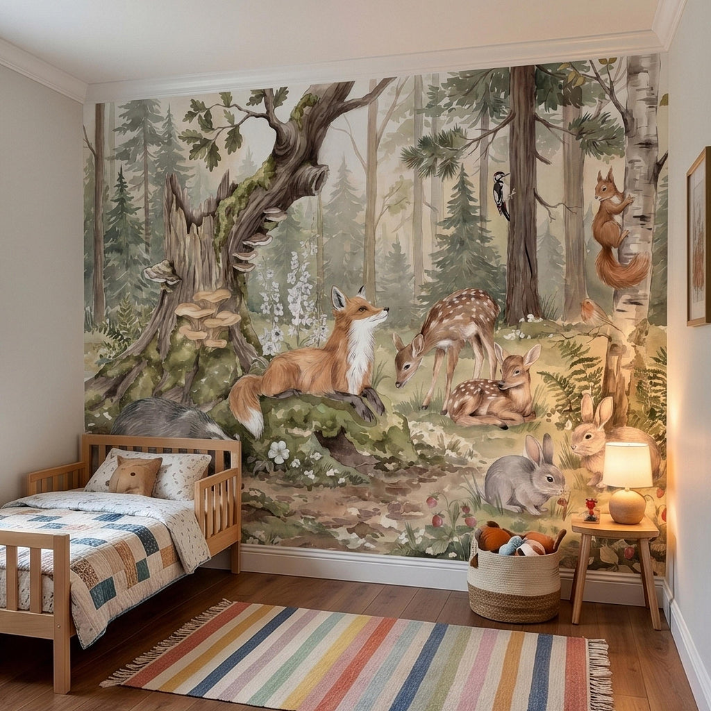 Woodland Animals Peel and Stick Wall Mural, Watercolor Fox Deer Rabbits Squirrel Forest Scene, Neutral Sage Green Whimsical Kids Wallpaper